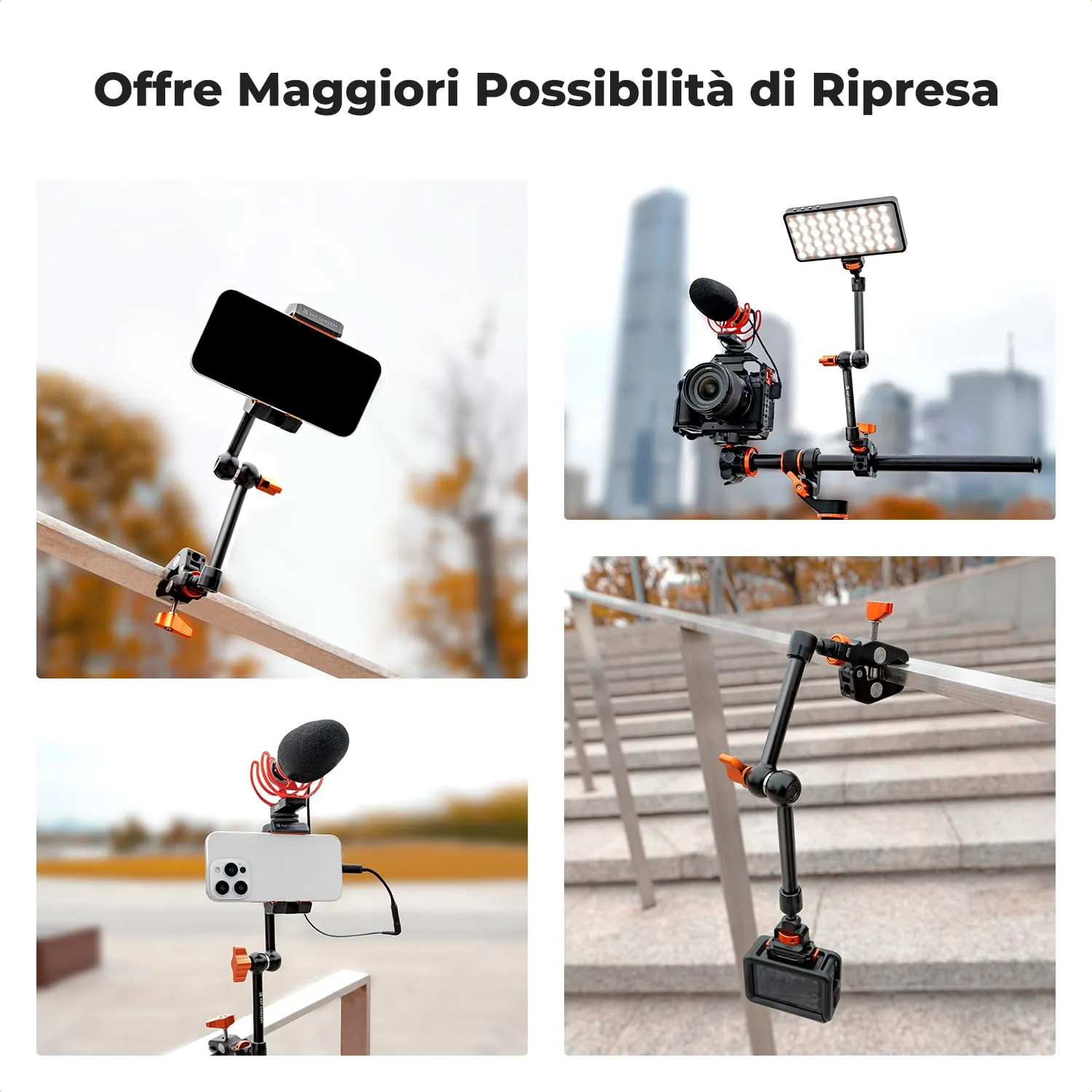 K&F Concept Braccio Magico 11" con Super Clamp, Viti 1/4" e 3/8" - immagine 7