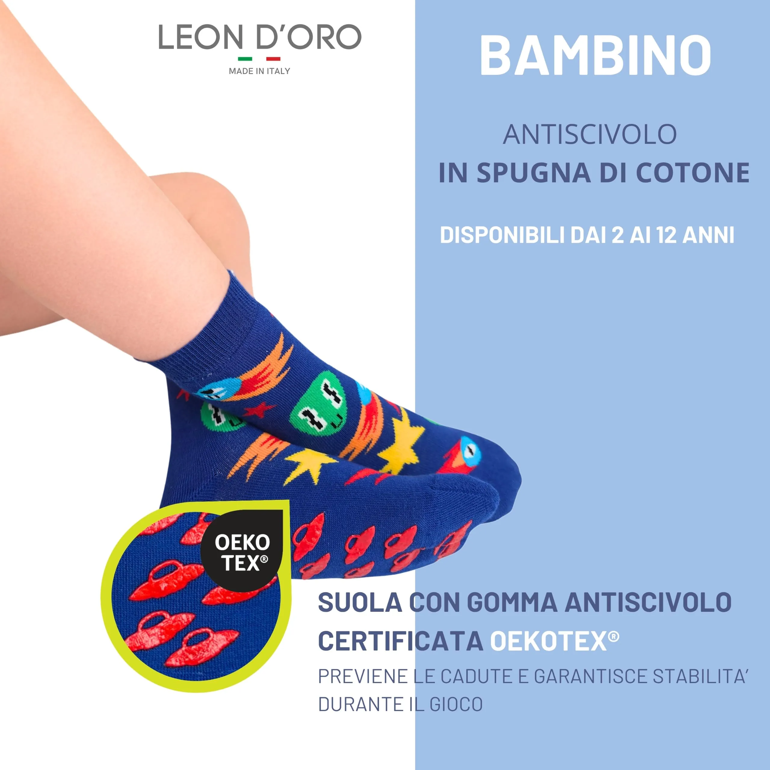 LEON D'ORO Calzini Bambino Antiscivolo in Cotone, 3 Paia, 23-28, Made in Italy - immagine 3