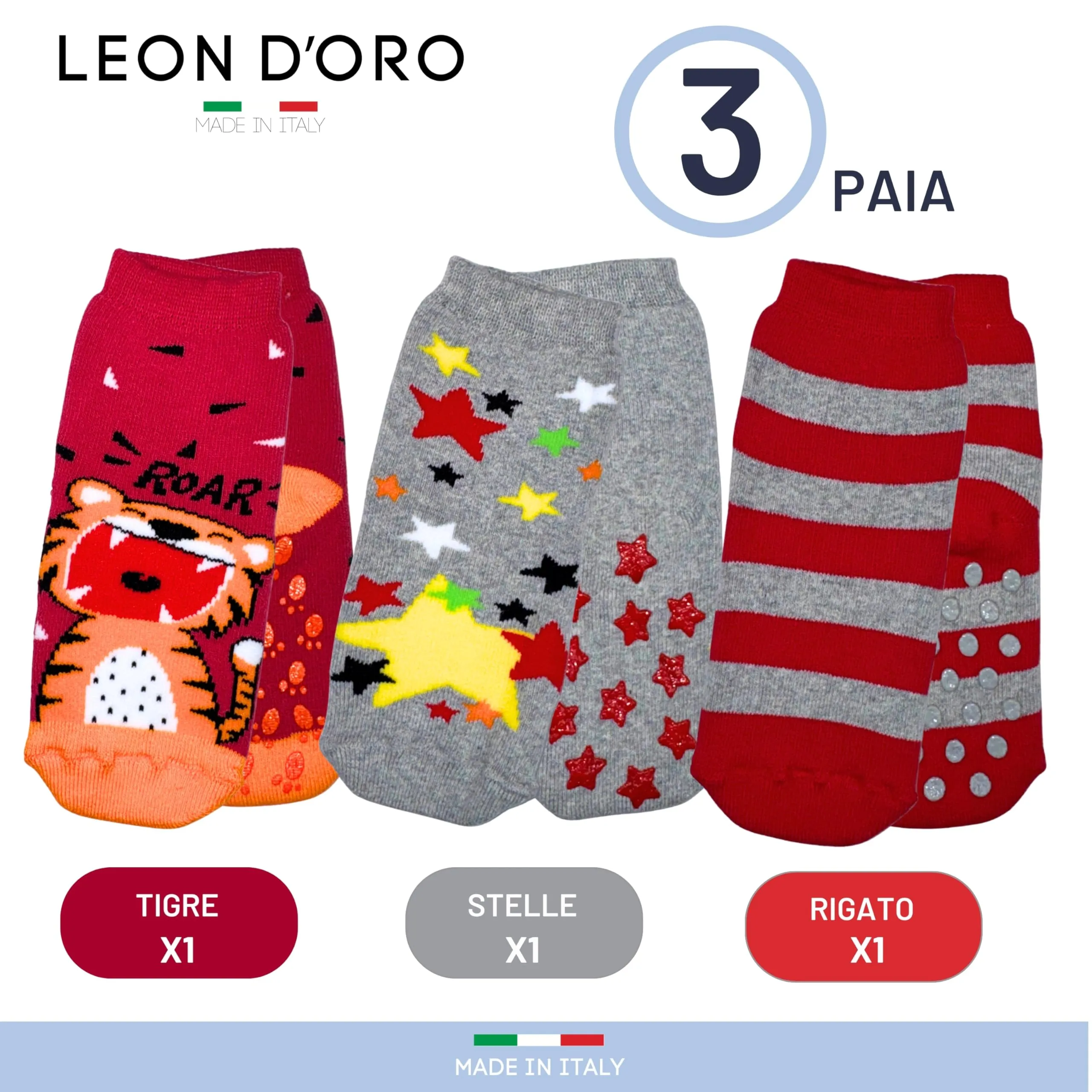 LEON D'ORO Calzini Antiscivolo Bambino in Cotone, 3 Paia, 6-12 mesi, Made in Italy - immagine 4