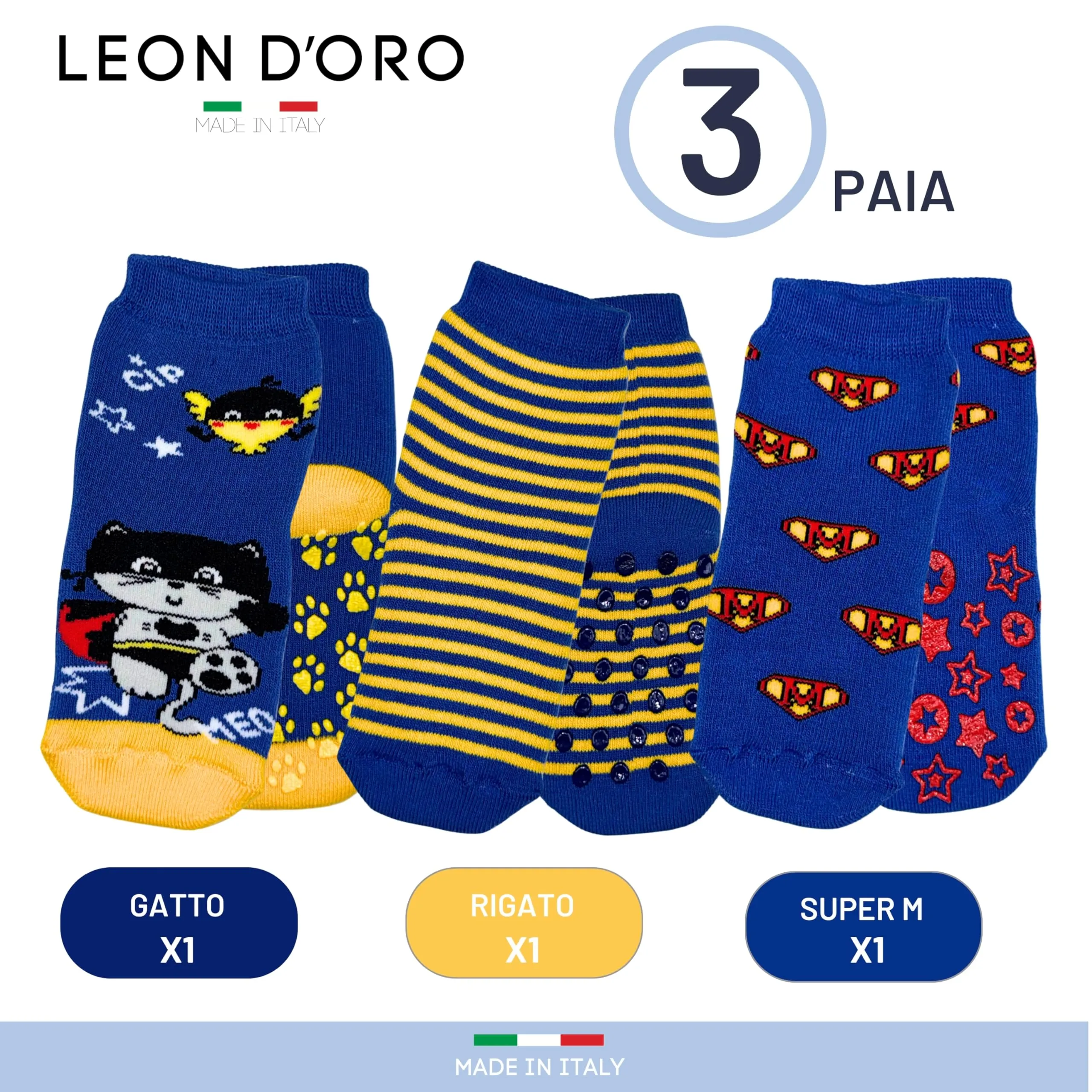 Leon D'Oro Calzini Antiscivolo Bambino in Cotone, 3 Paia, 6-12 mesi - immagine 4