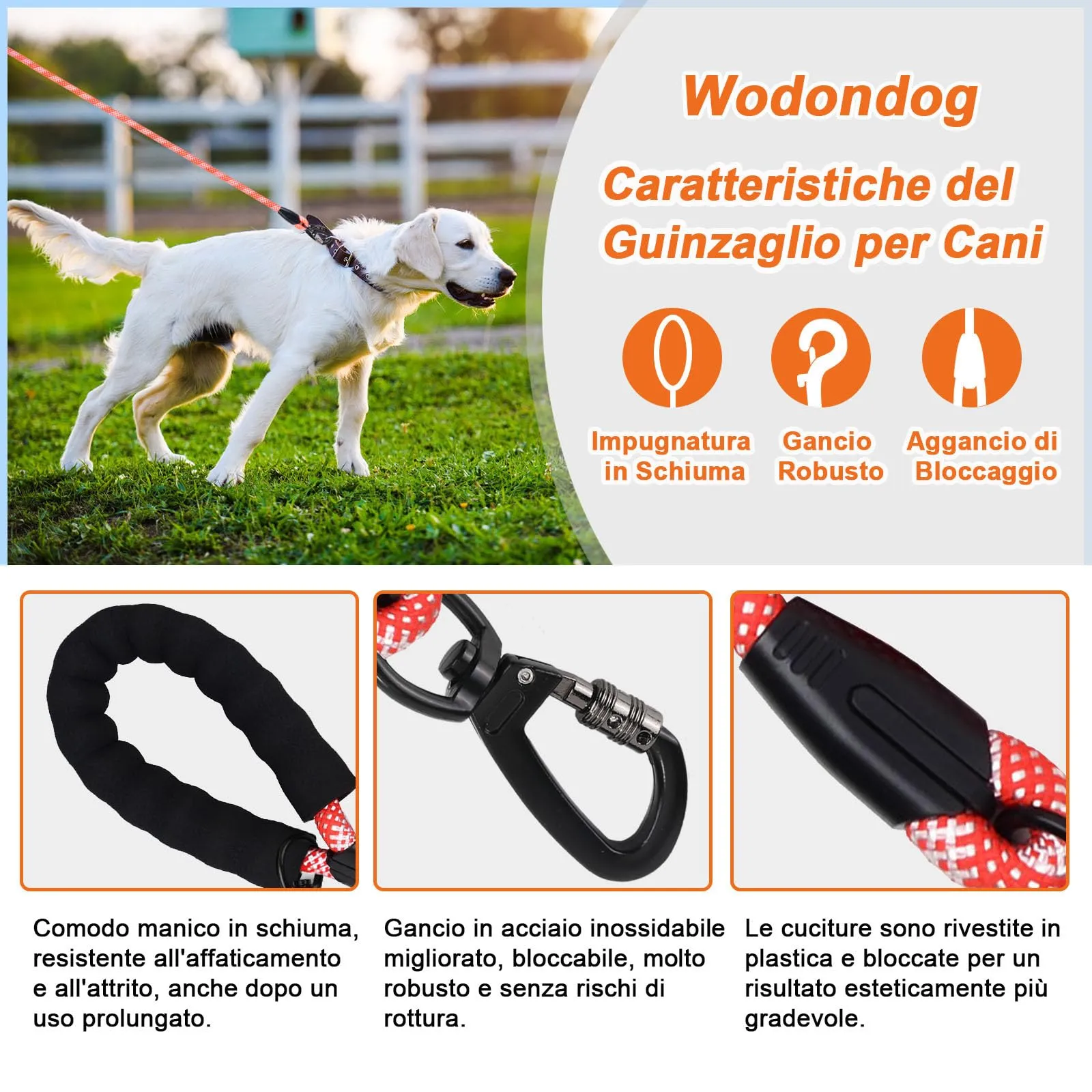 Wodondog Guinzaglio per Cani in Nylon Riflettente, 30m x 0.8cm, Rosso - immagine 2