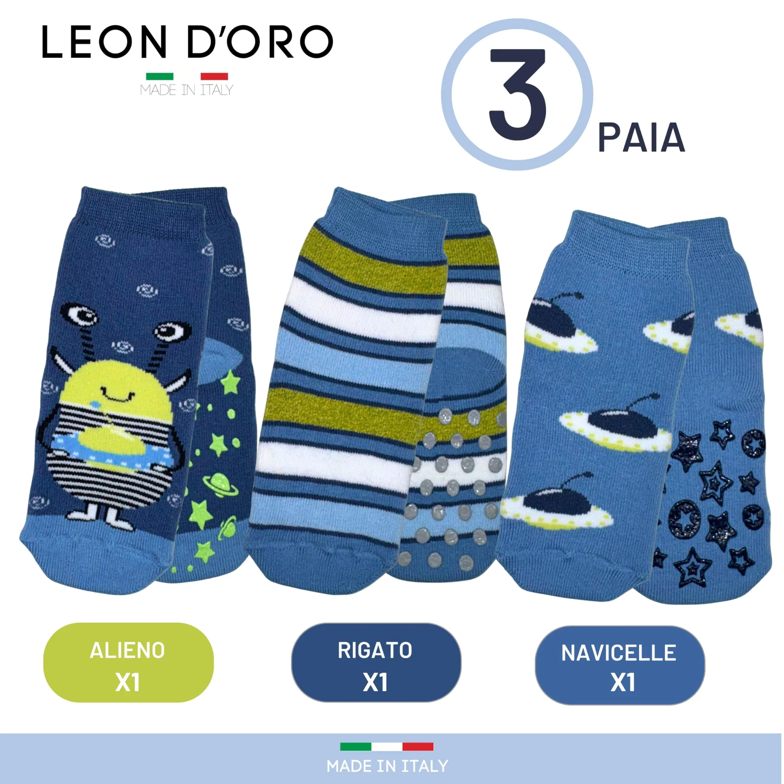 LEON D'ORO Calzini Antiscivolo Bambino in Cotone, 3 Paia, 6-12 Mesi, Made in Italy - immagine 4