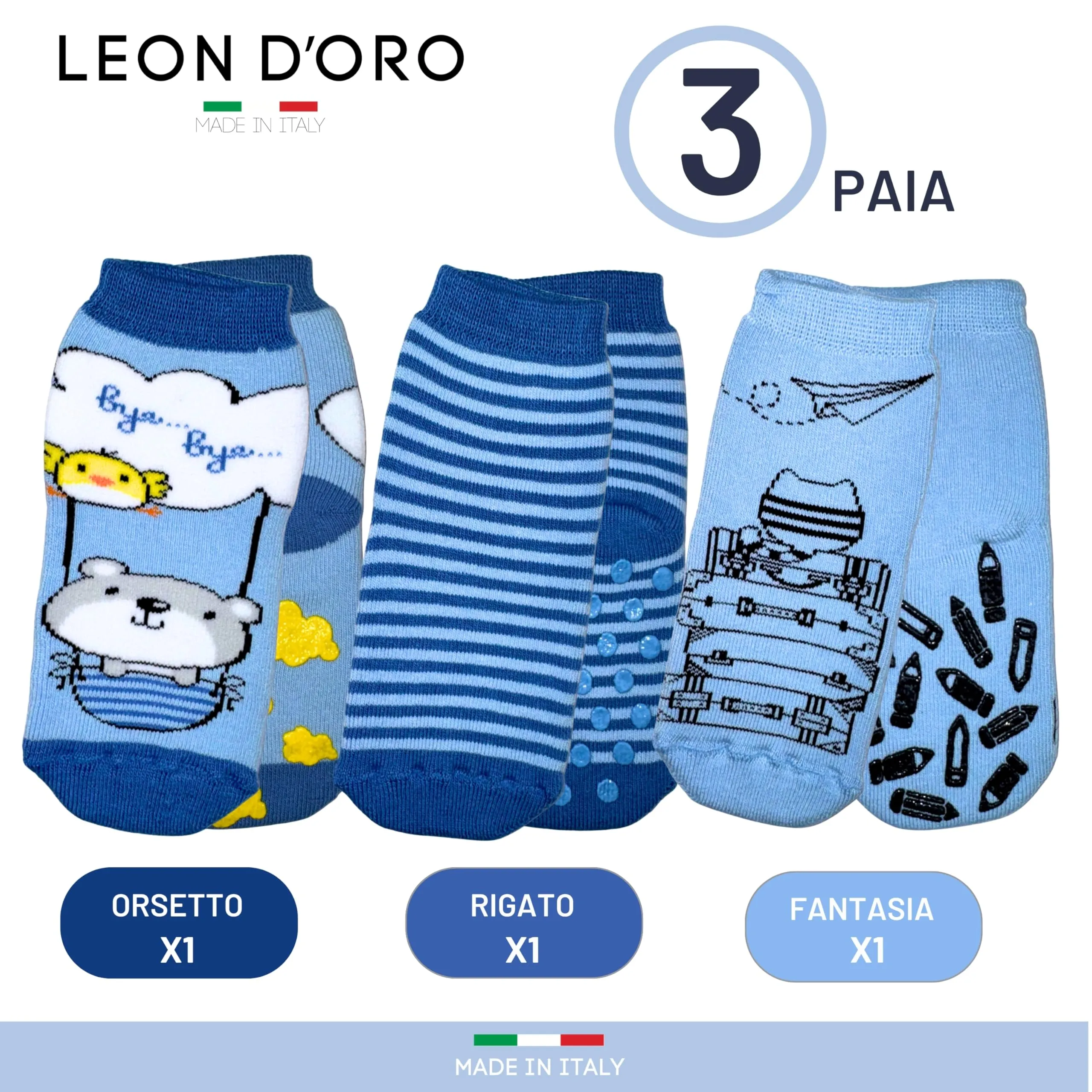 LEON D'ORO Calzini Antiscivolo Bambino in Cotone, 3 Paia, 6-12 mesi - immagine 4