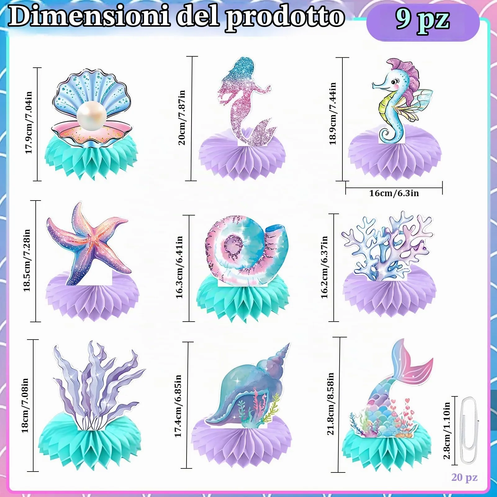 TaimeiMao Decorazioni a Nido d'Ape a Tema Sirena per Feste, 9 Pezzi - immagine 2