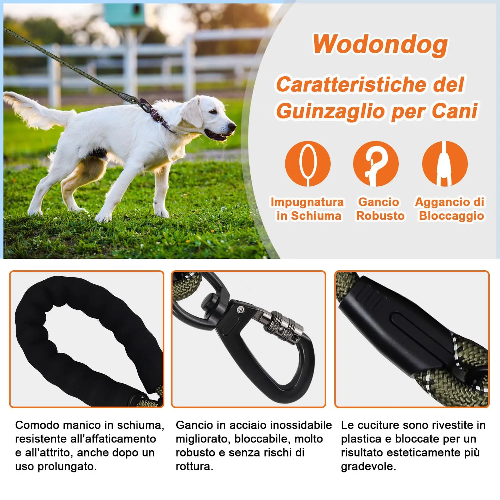 Wodondog Guinzaglio per Cani in Nylon Riflettente, 2M x 1.2cm, Verde Oliva - immagine 2