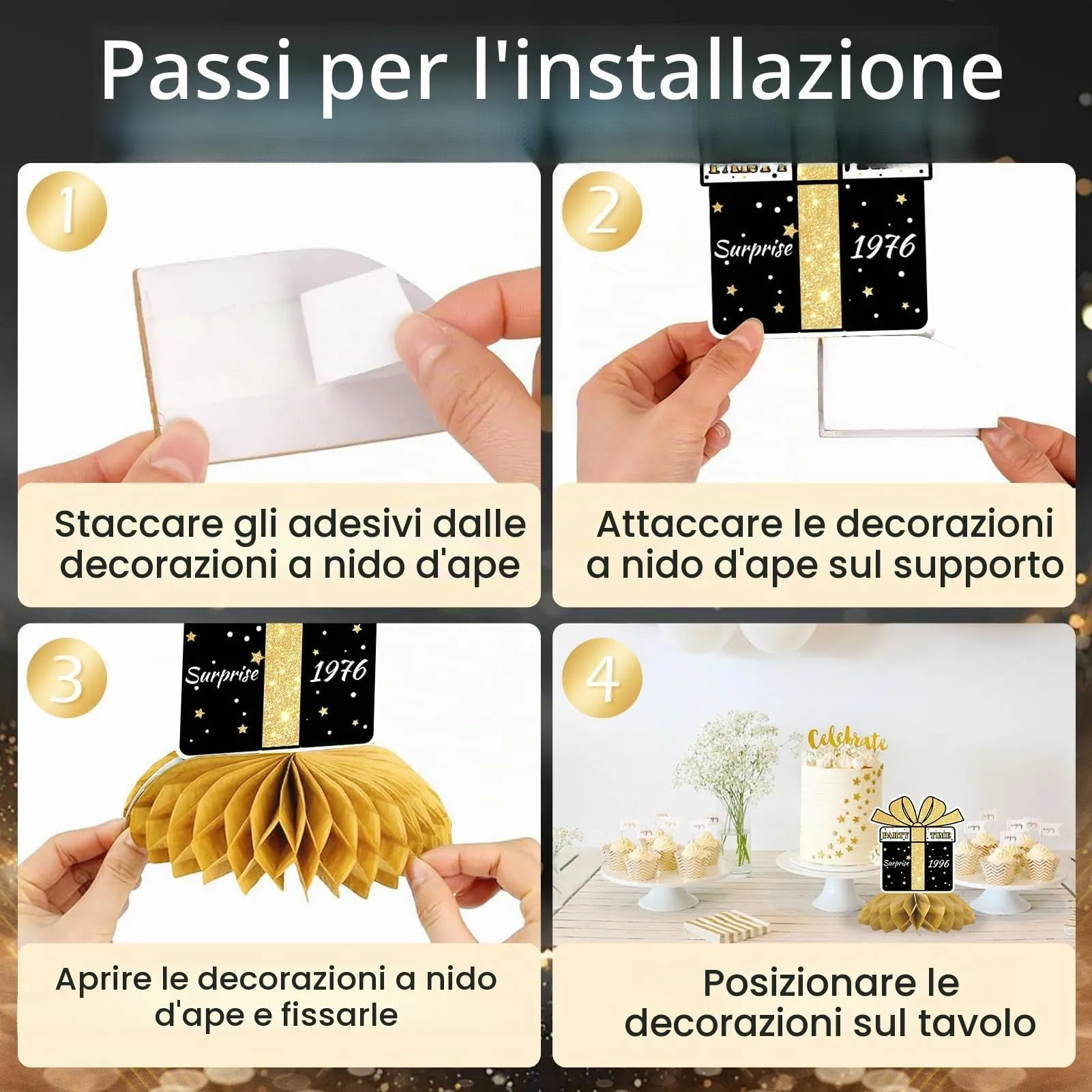 TaimeiMao 9 Pezzi Centrotavola a Nido d'Ape Oro Nero per Compleanno - immagine 3