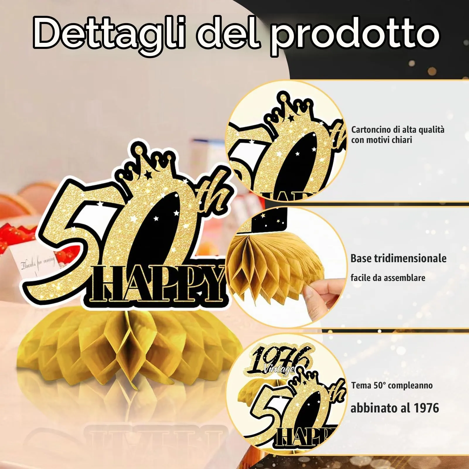 TaimeiMao 9 Pezzi Centrotavola a Nido d'Ape Oro Nero per Compleanno - immagine 4