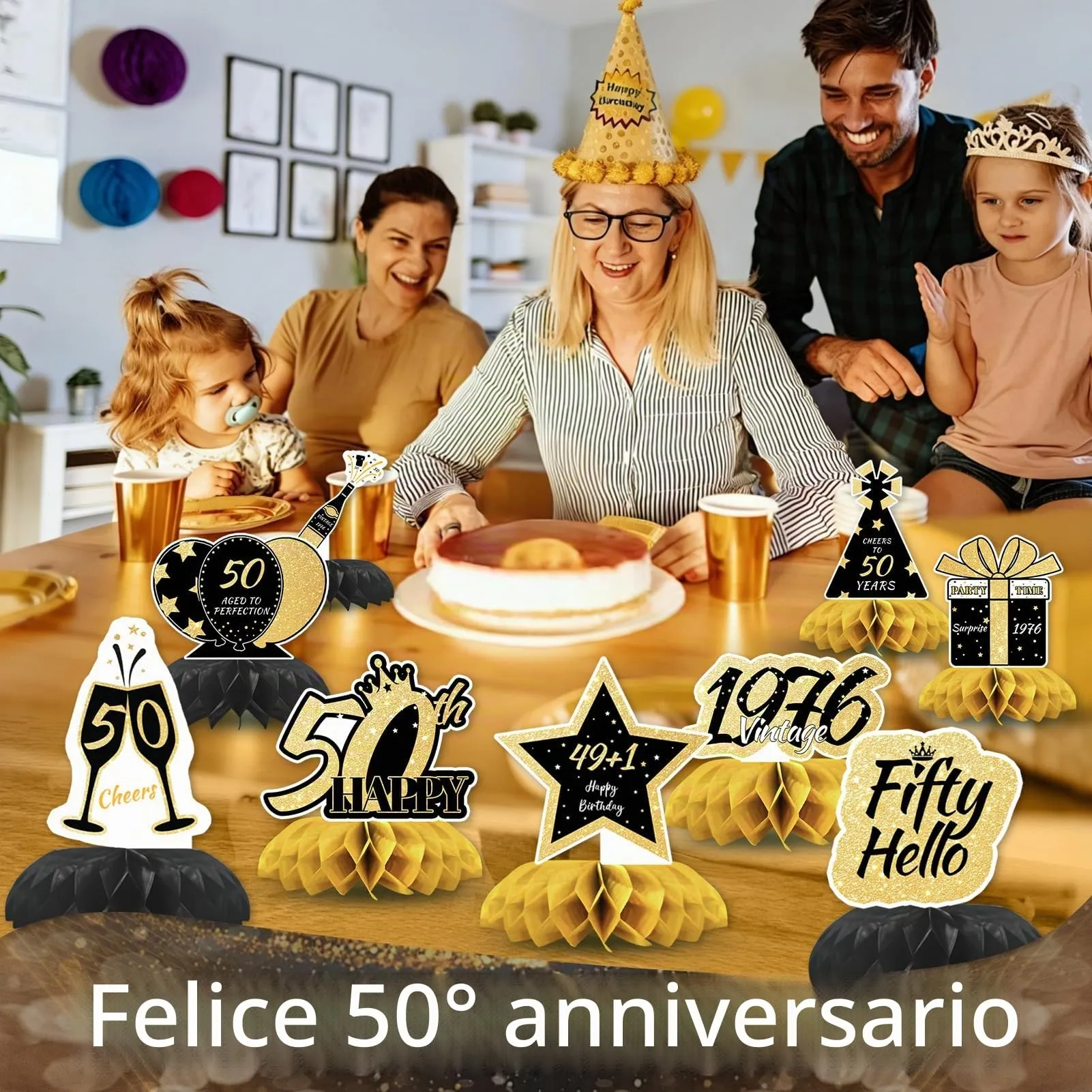 TaimeiMao 9 Pezzi Centrotavola a Nido d'Ape Oro Nero per Compleanno - immagine 6