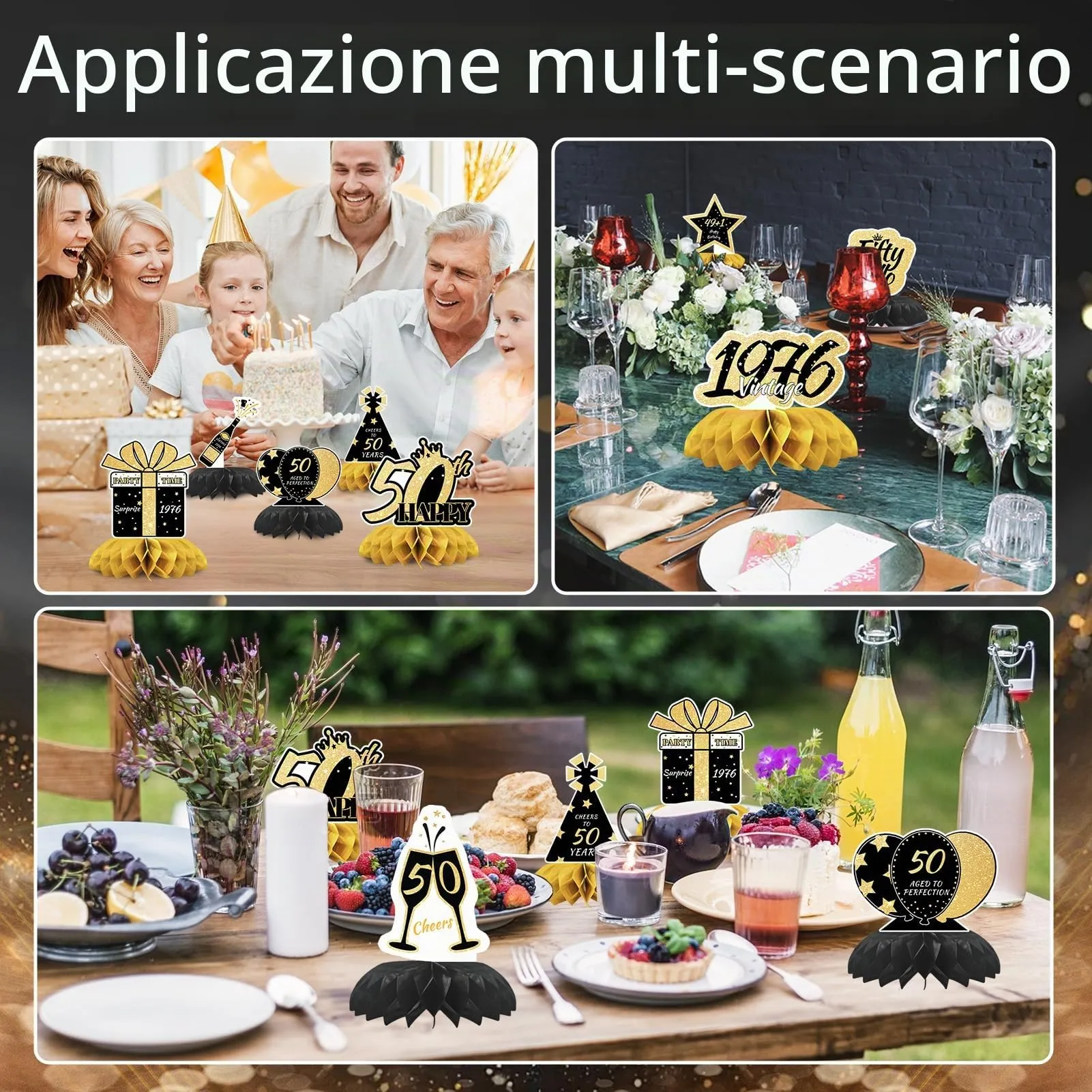TaimeiMao 9 Pezzi Centrotavola a Nido d'Ape Oro Nero per Compleanno - immagine 7