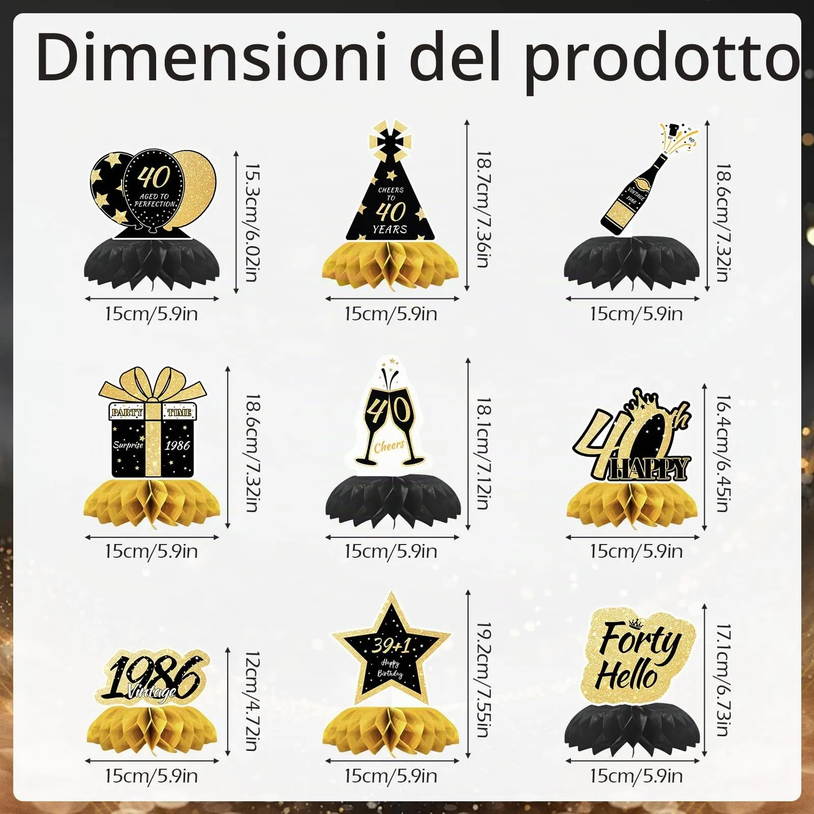 TaimeiMao Centrotavola a Nido d'Ape Oro Nero per Compleanno, 9 Pezzi - immagine 2