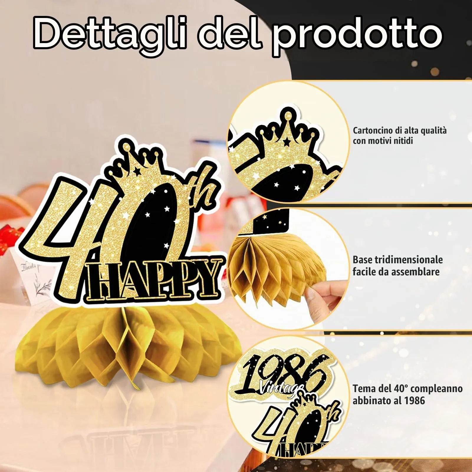 TaimeiMao Centrotavola a Nido d'Ape Oro Nero per Compleanno, 9 Pezzi - immagine 4