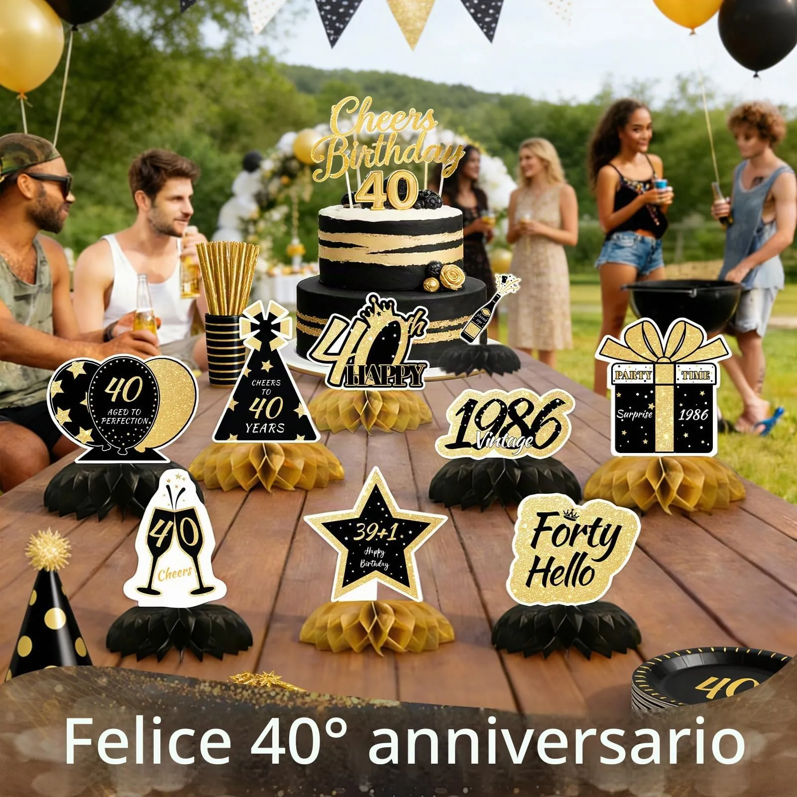 TaimeiMao Centrotavola a Nido d'Ape Oro Nero per Compleanno, 9 Pezzi - immagine 6