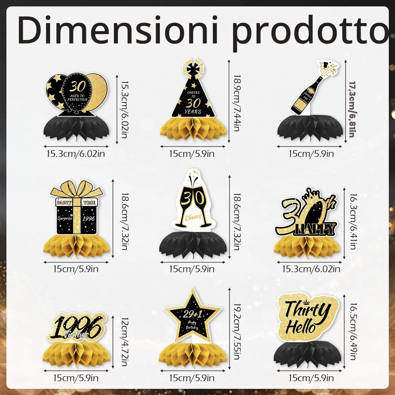 TaimeiMao Centrotavola a Nido d'Ape per Compleanno, Oro e Nero, 9 Pezzi (2026-30) - immagine 2