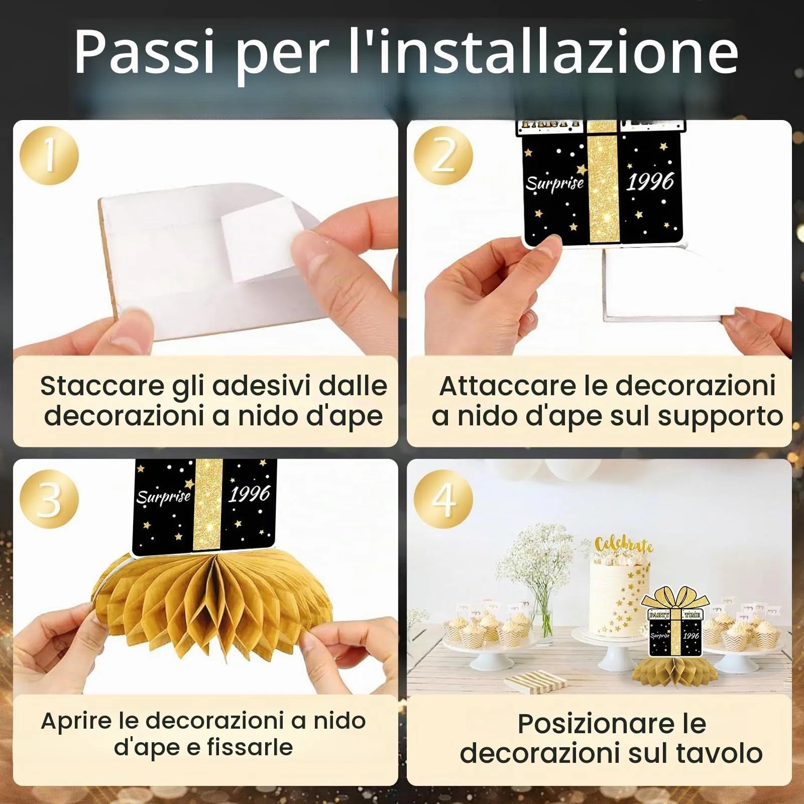 TaimeiMao Centrotavola a Nido d'Ape per Compleanno, Oro e Nero, 9 Pezzi (2026-30) - immagine 3