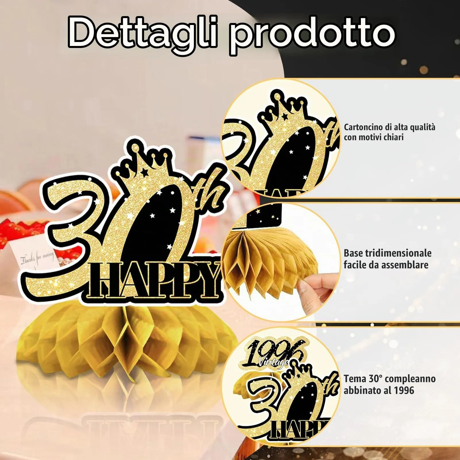 TaimeiMao Centrotavola a Nido d'Ape per Compleanno, Oro e Nero, 9 Pezzi (2026-30) - immagine 4