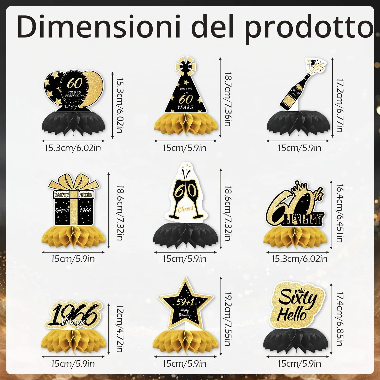 TaimeiMao Centrotavola a Nido d'Ape per Compleanno, Oro e Nero, 9 Pezzi (2026-60) - immagine 2