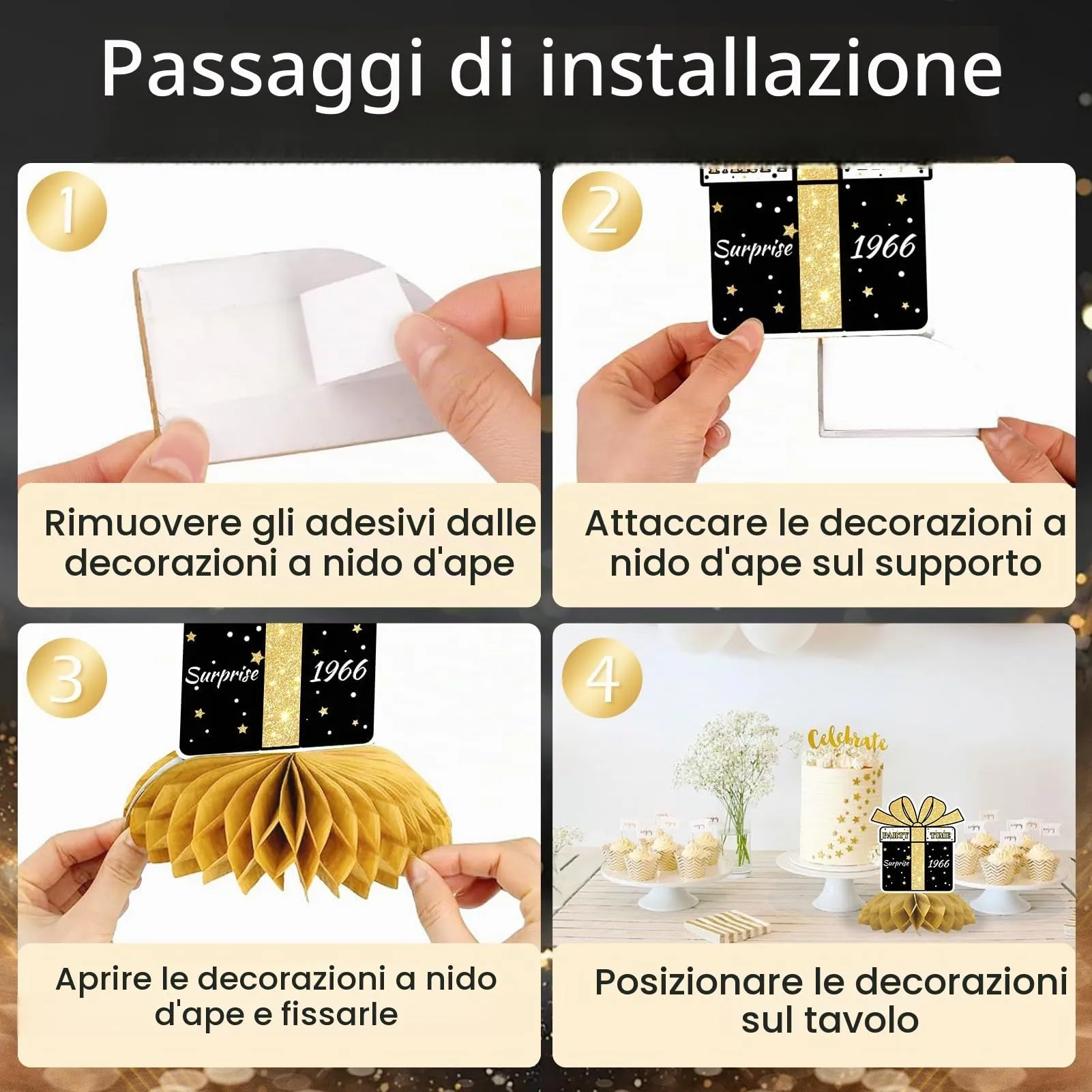 TaimeiMao Centrotavola a Nido d'Ape per Compleanno, Oro e Nero, 9 Pezzi (2026-60) - immagine 3