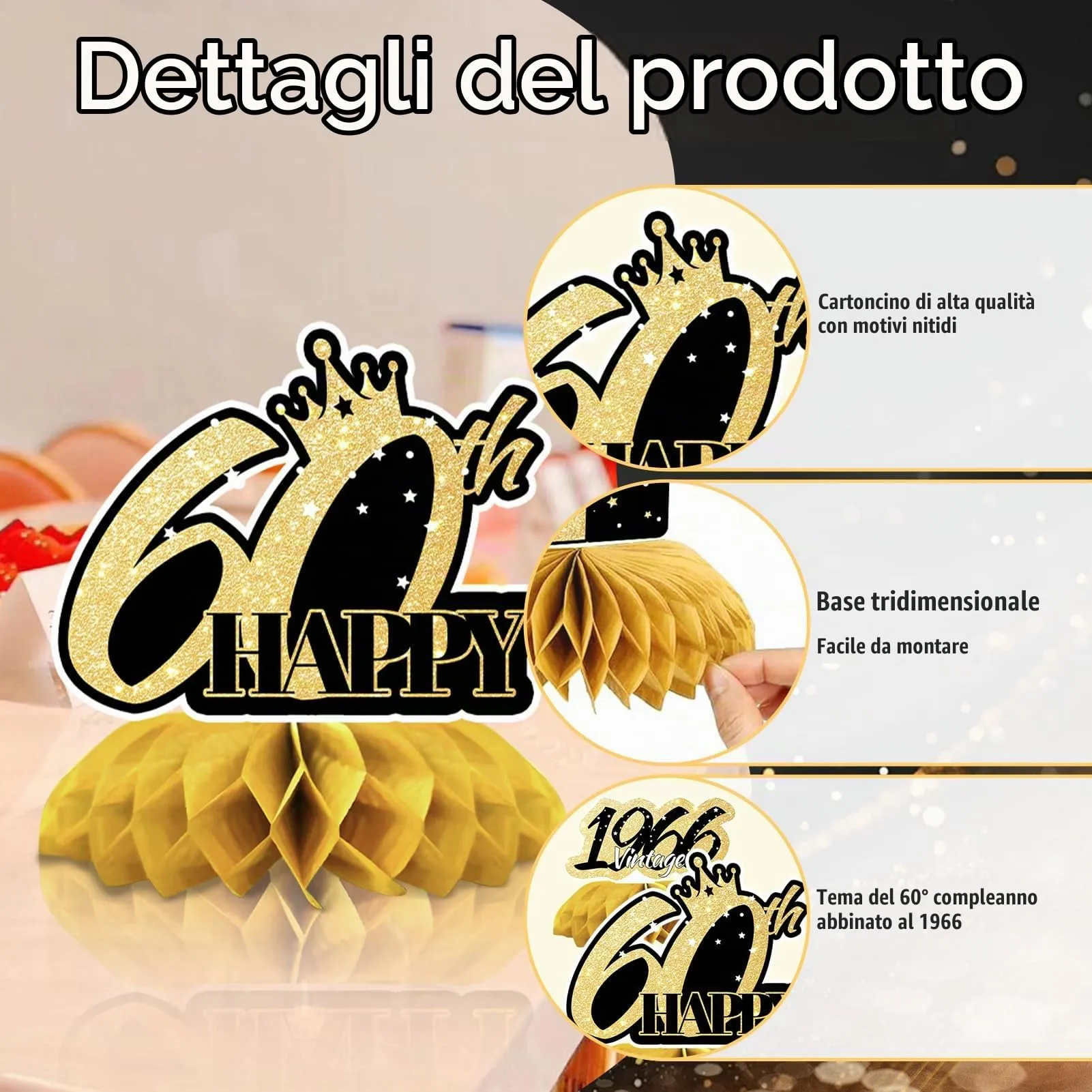 TaimeiMao Centrotavola a Nido d'Ape per Compleanno, Oro e Nero, 9 Pezzi (2026-60) - immagine 4