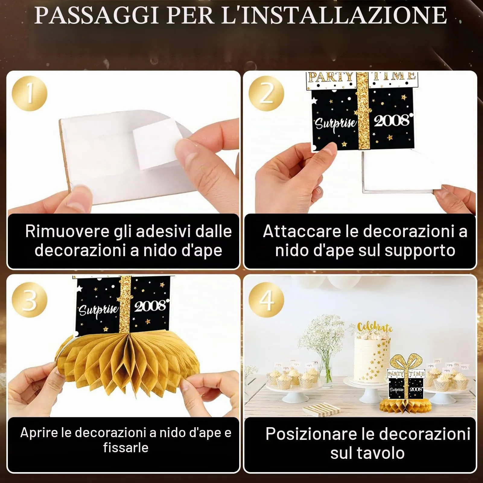 TaimeiMao Centrotavola a Nido d'Ape Oro e Nero, 9 Pezzi - immagine 3