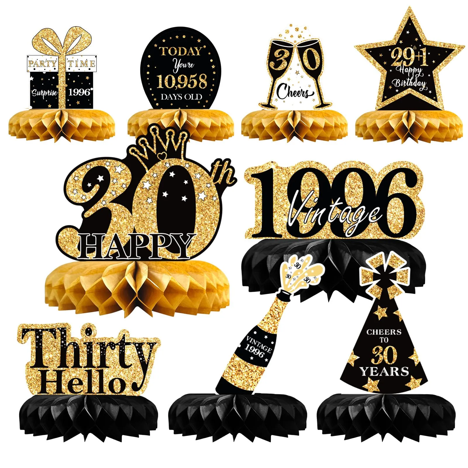 TaimeiMao Centrotavola per Compleanno, Decorazioni a Nido d'Ape, 9 Pezzi, Oro e Nero - immagine 1