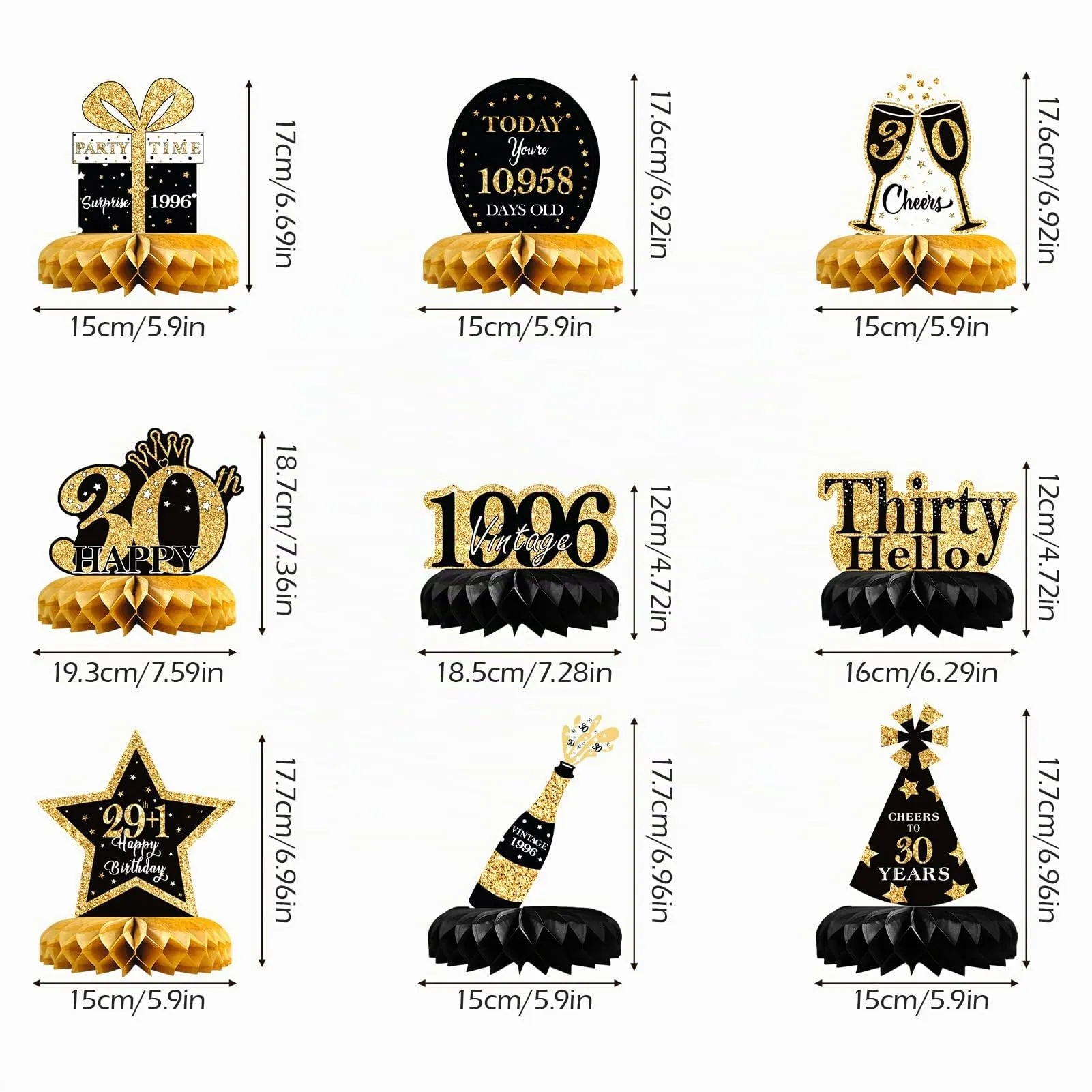 TaimeiMao Centrotavola per Compleanno, Decorazioni a Nido d'Ape, 9 Pezzi, Oro e Nero - immagine 2