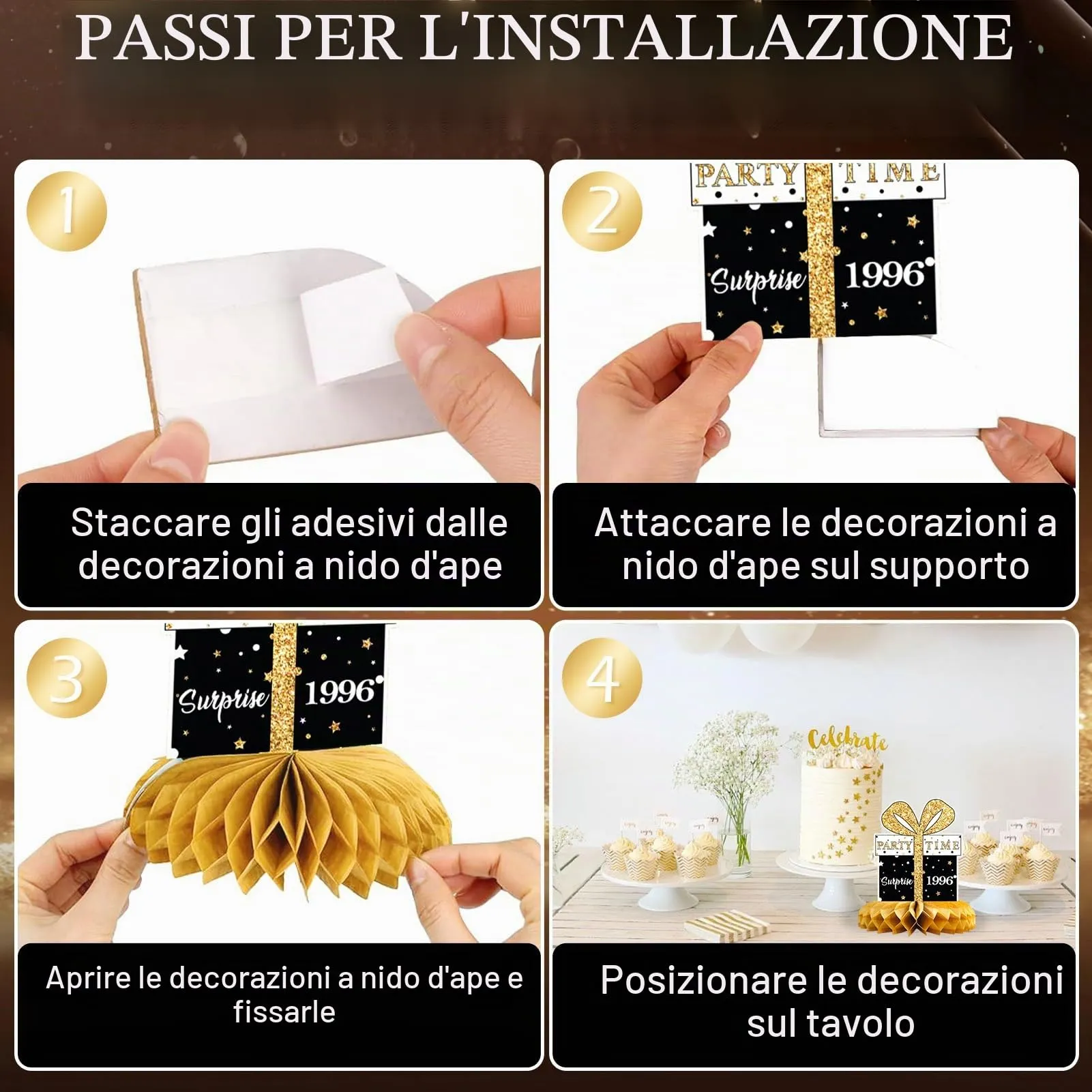 TaimeiMao Centrotavola per Compleanno, Decorazioni a Nido d'Ape, 9 Pezzi, Oro e Nero - immagine 3