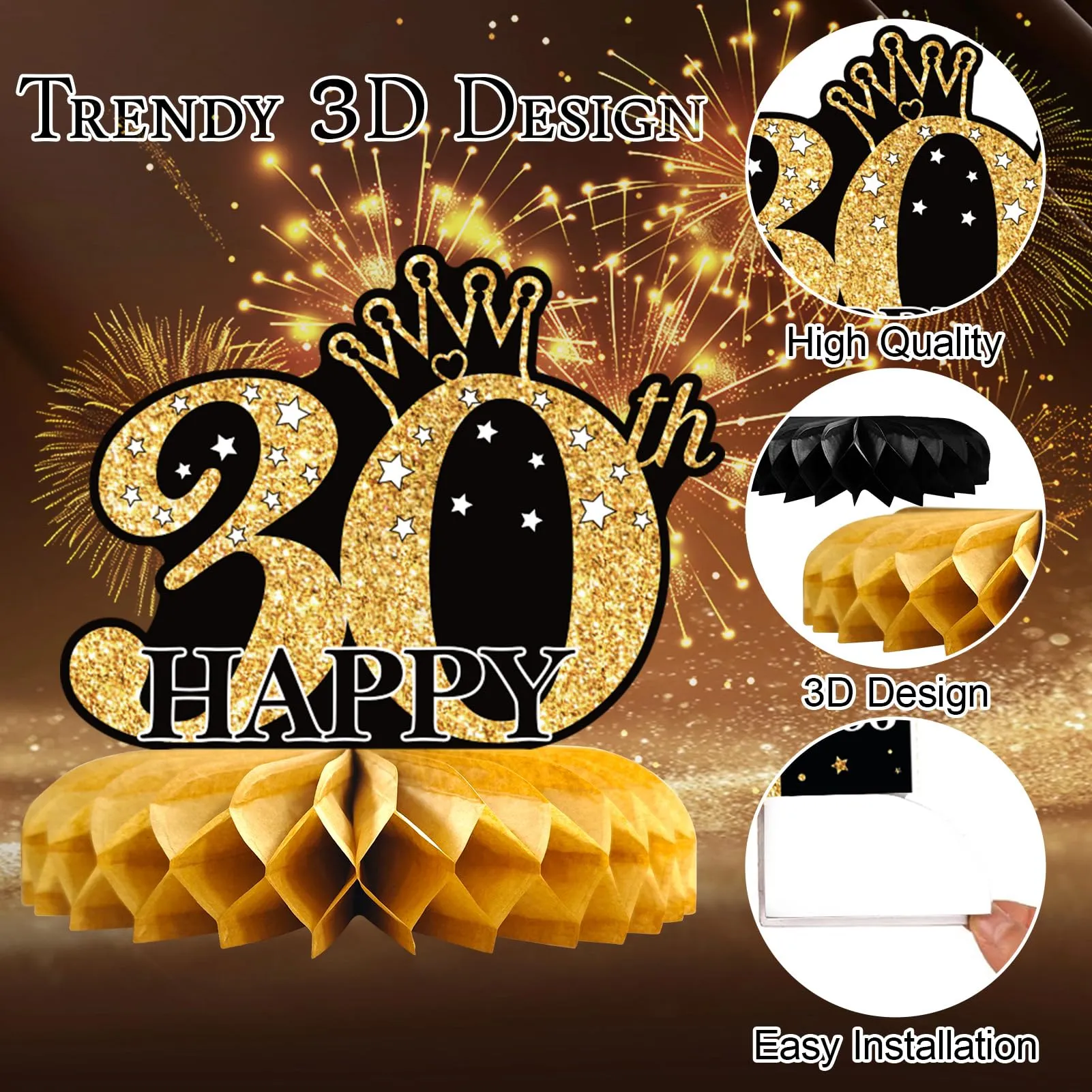 TaimeiMao Centrotavola per Compleanno, Decorazioni a Nido d'Ape, 9 Pezzi, Oro e Nero - immagine 4