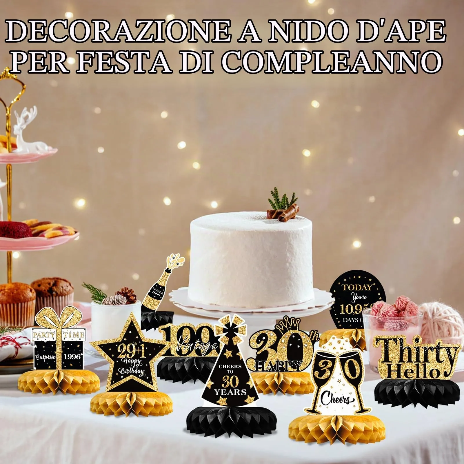 TaimeiMao Centrotavola per Compleanno, Decorazioni a Nido d'Ape, 9 Pezzi, Oro e Nero - immagine 5