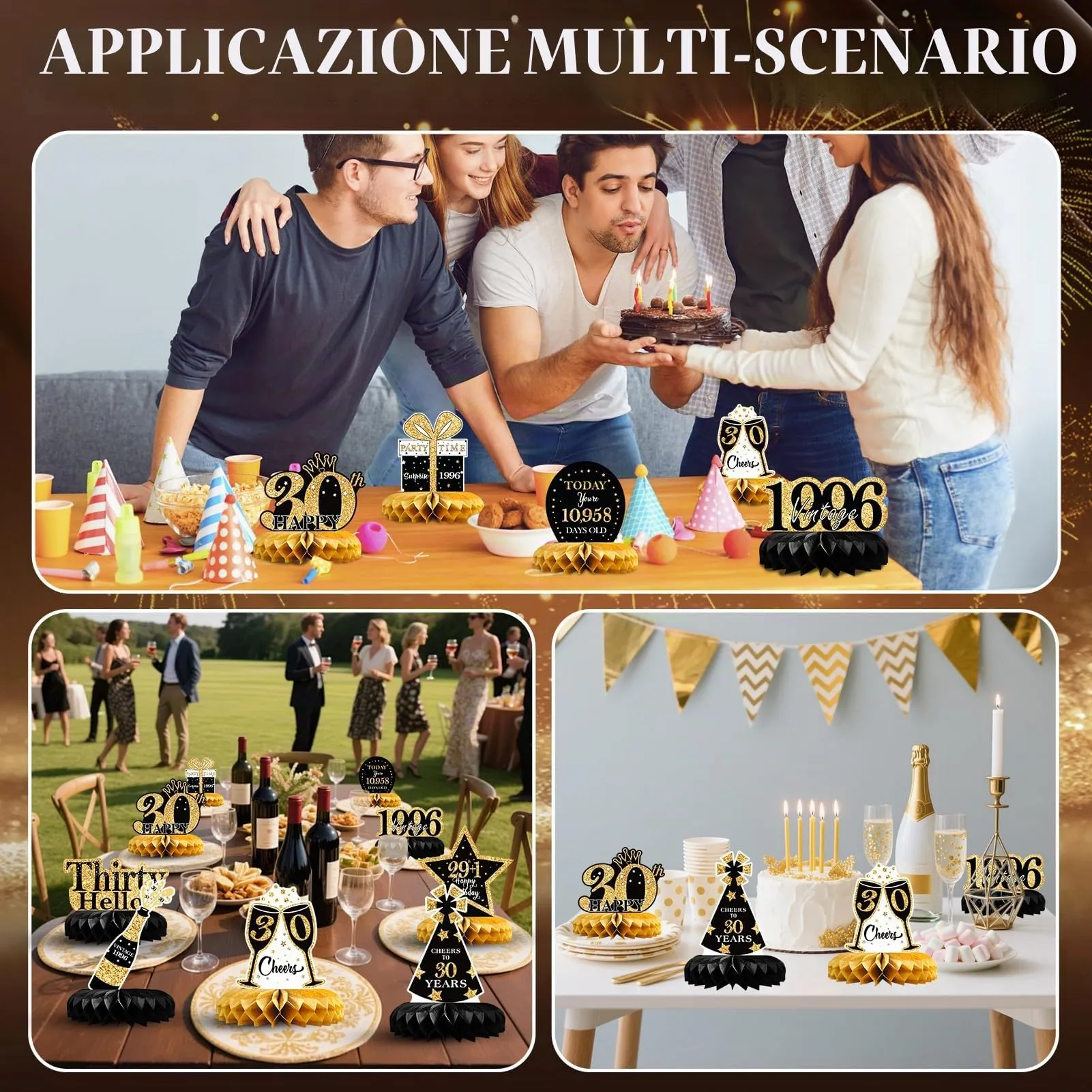 TaimeiMao Centrotavola per Compleanno, Decorazioni a Nido d'Ape, 9 Pezzi, Oro e Nero - immagine 7