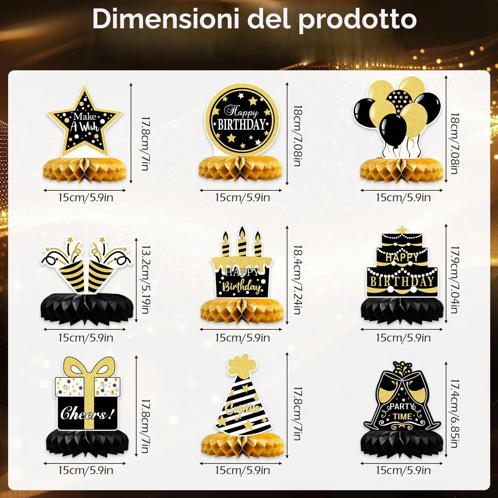 TaimeiMao Centrotavola a Nido d'Ape Oro e Nero per Compleanno, 9 Pezzi - immagine 2