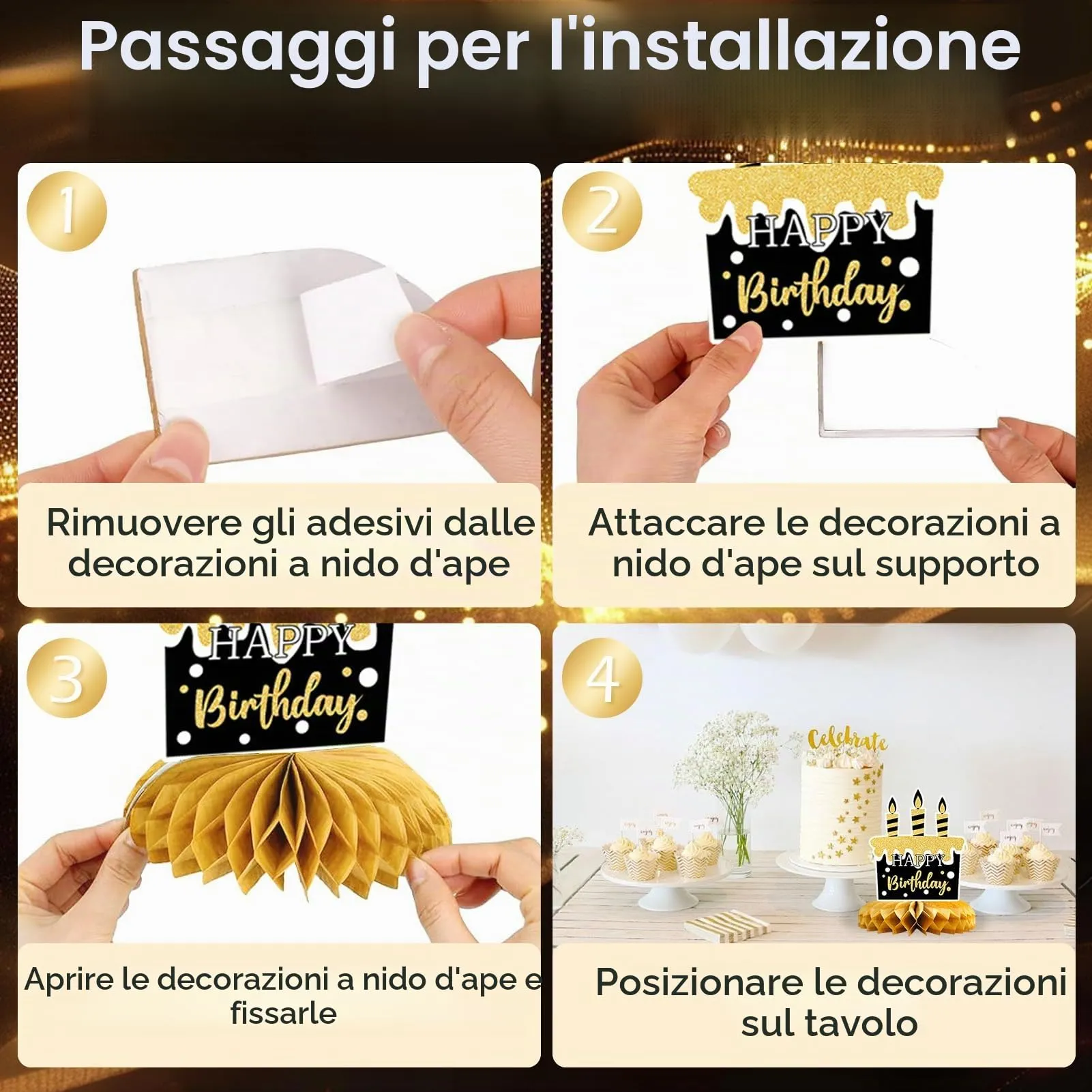 TaimeiMao Centrotavola a Nido d'Ape Oro e Nero per Compleanno, 9 Pezzi - immagine 3