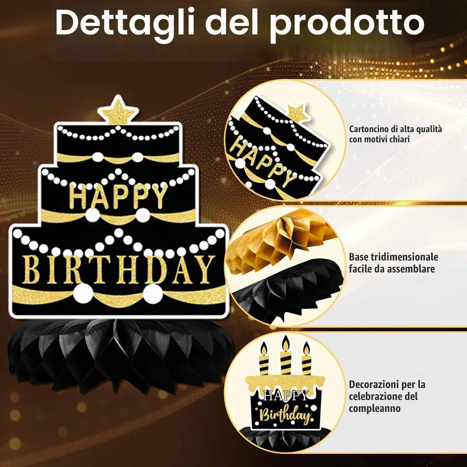 TaimeiMao Centrotavola a Nido d'Ape Oro e Nero per Compleanno, 9 Pezzi - immagine 4