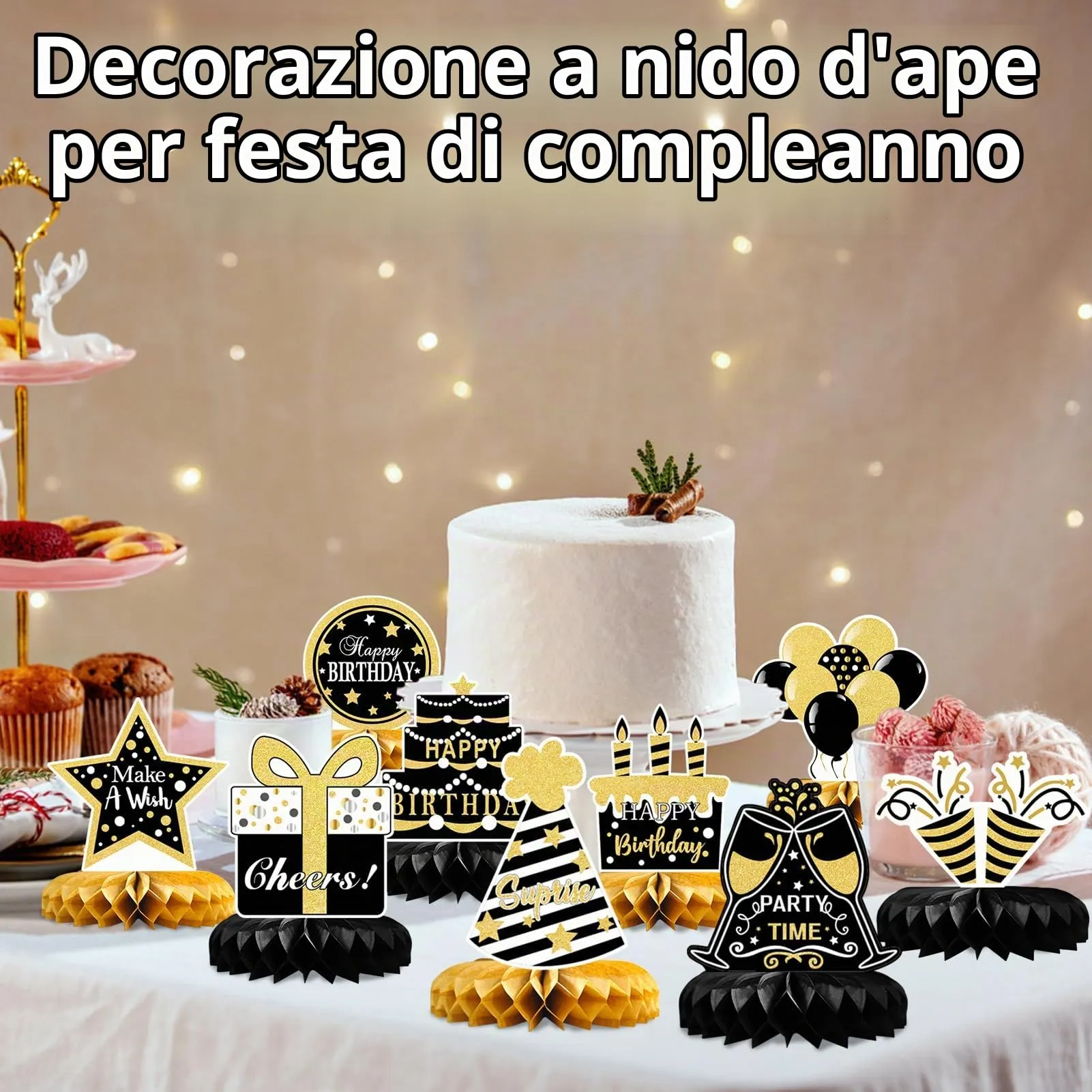TaimeiMao Centrotavola a Nido d'Ape Oro e Nero per Compleanno, 9 Pezzi - immagine 5