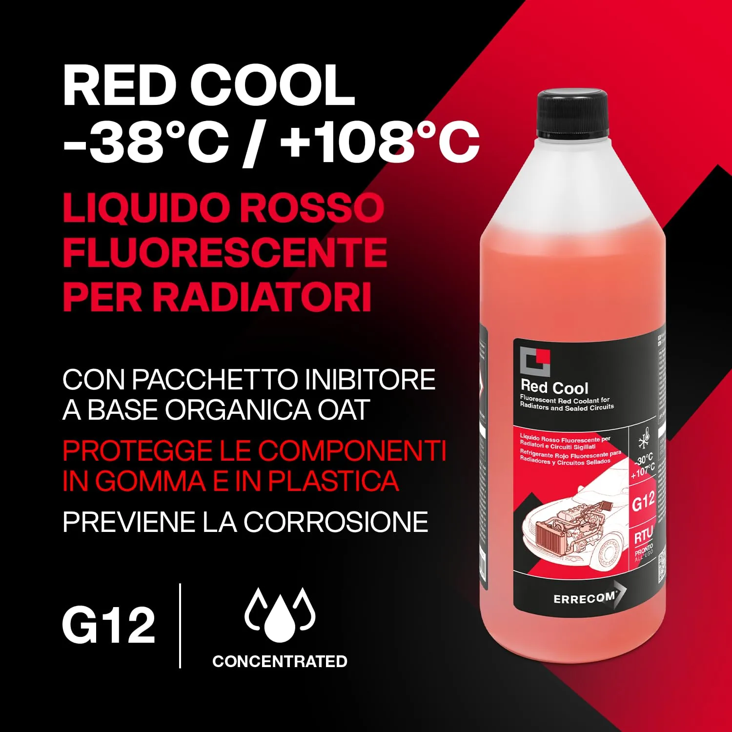 ERRECOM Red Cool Liquido Radiatore Rosso Fluorescente Concentrato Antigelo G12 OAT, 1 Litro - immagine 2