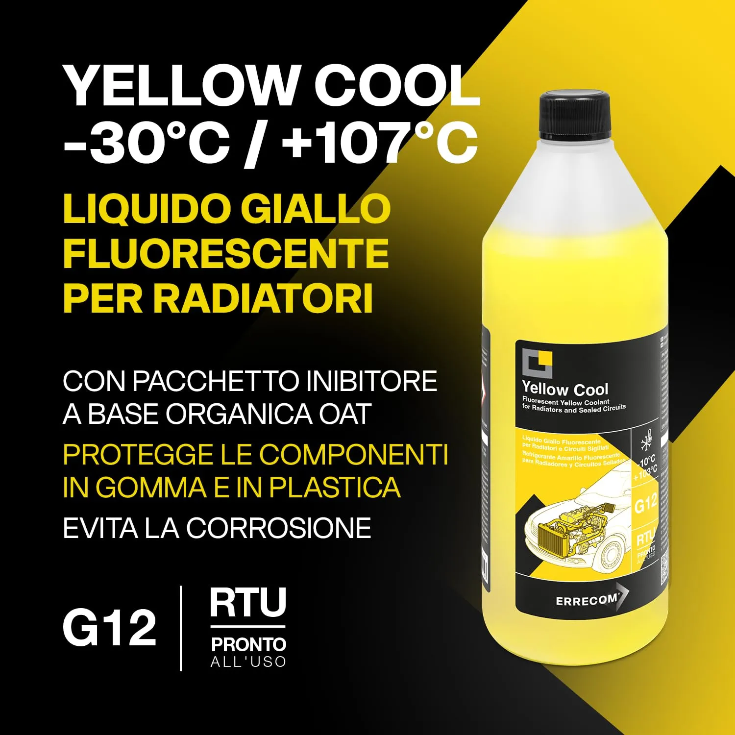 ERRECOM Yellow Cool Liquido Radiatore Giallo Fluorescente G12 OAT -30°C/+107°C, Pronto all’Uso, 1 Litro - immagine 2