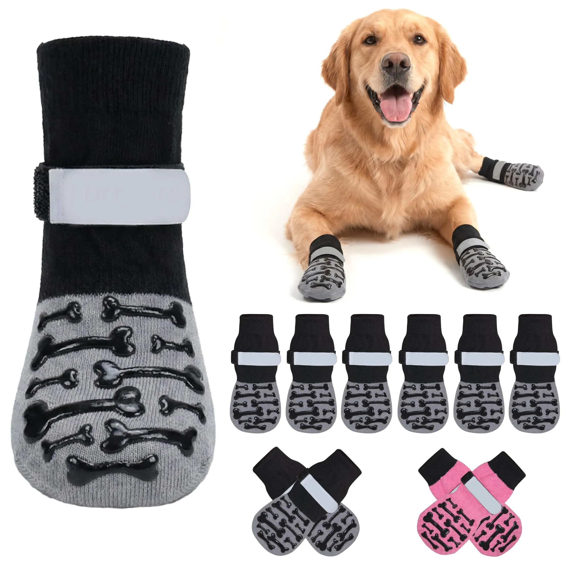 Fantasreen Calzini Antiscivolo per Cani con Osso, 6 Pezzi, Grigio Modern, M - immagine 1