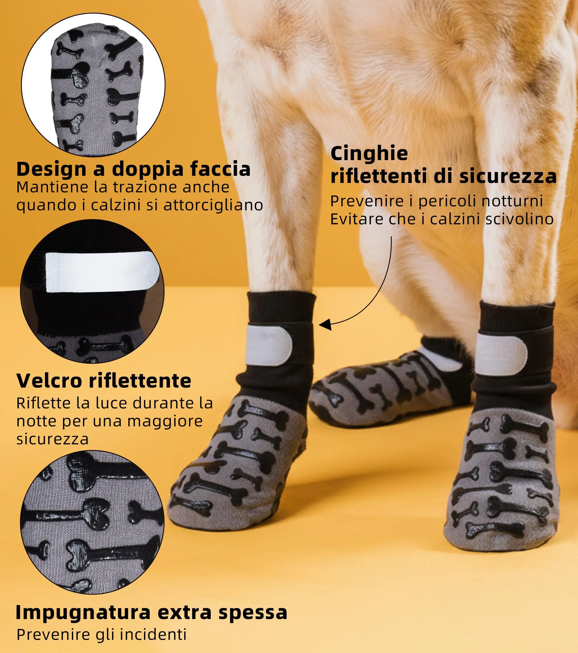 Fantasreen Calzini Antiscivolo per Cani con Osso, 6 Pezzi, Grigio Modern, S - immagine 3