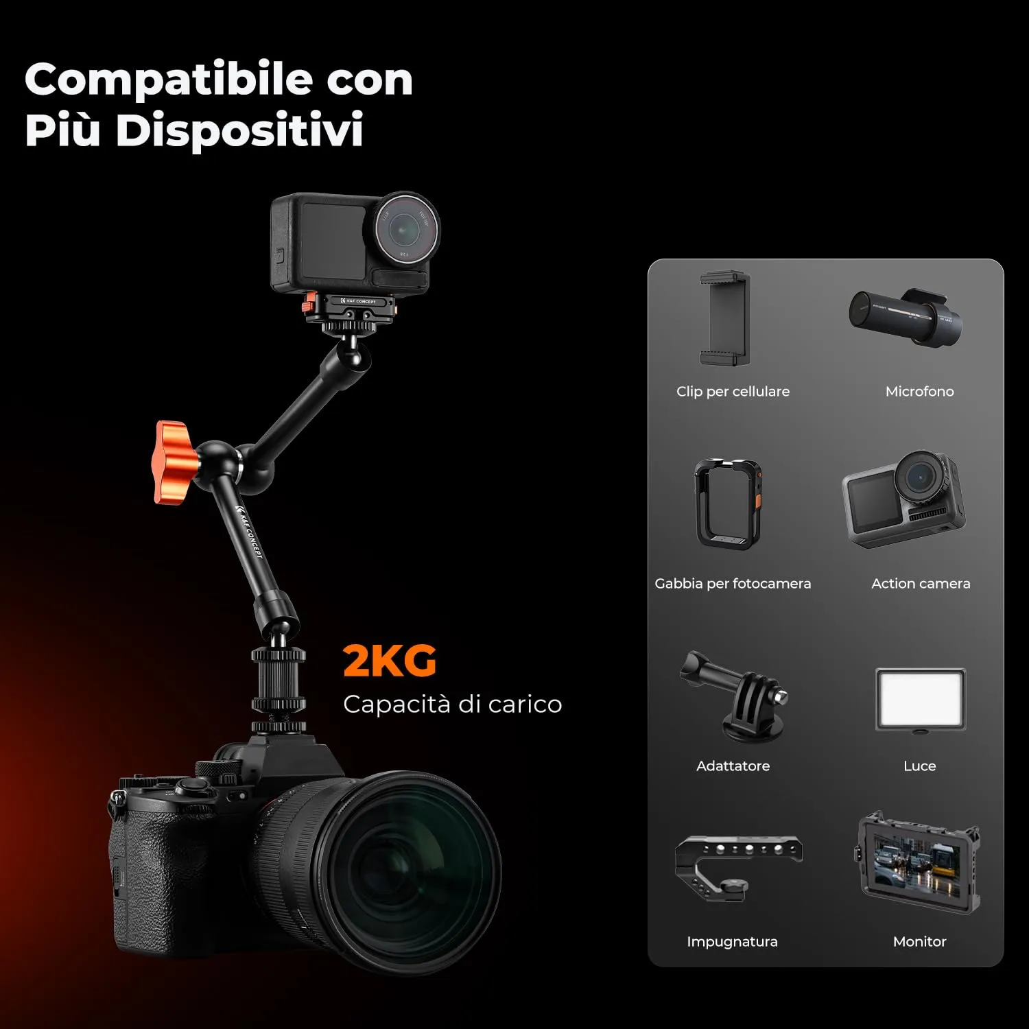 K&F Concept Braccio Magico 9,8" con Super Morsetto e Cold Shoe - MS32 - immagine 4
