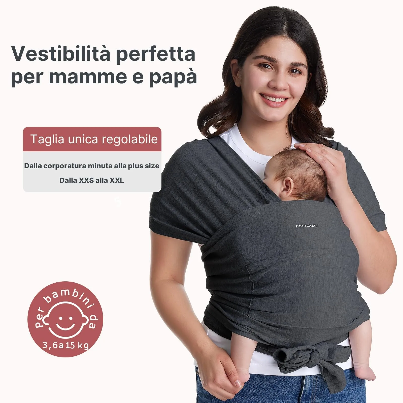 Momcozy Fascia Porta Bebè Regolabile 3,6-15 kg, Grigio - immagine 5