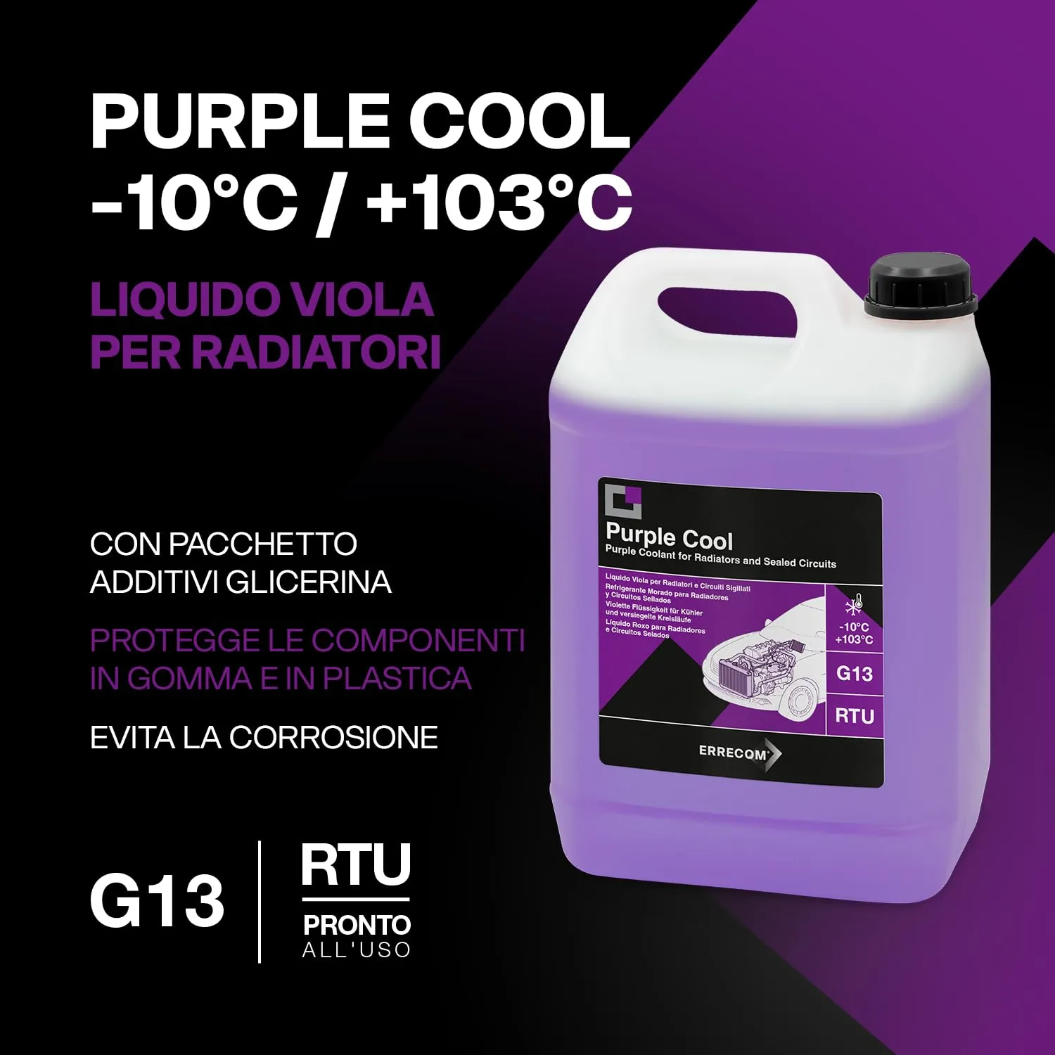 ERRECOM Purple Cool Liquid Radiator Antifreeze G13, -10°C/+103°C, Ready to Use, 5 Litri - immagine 2