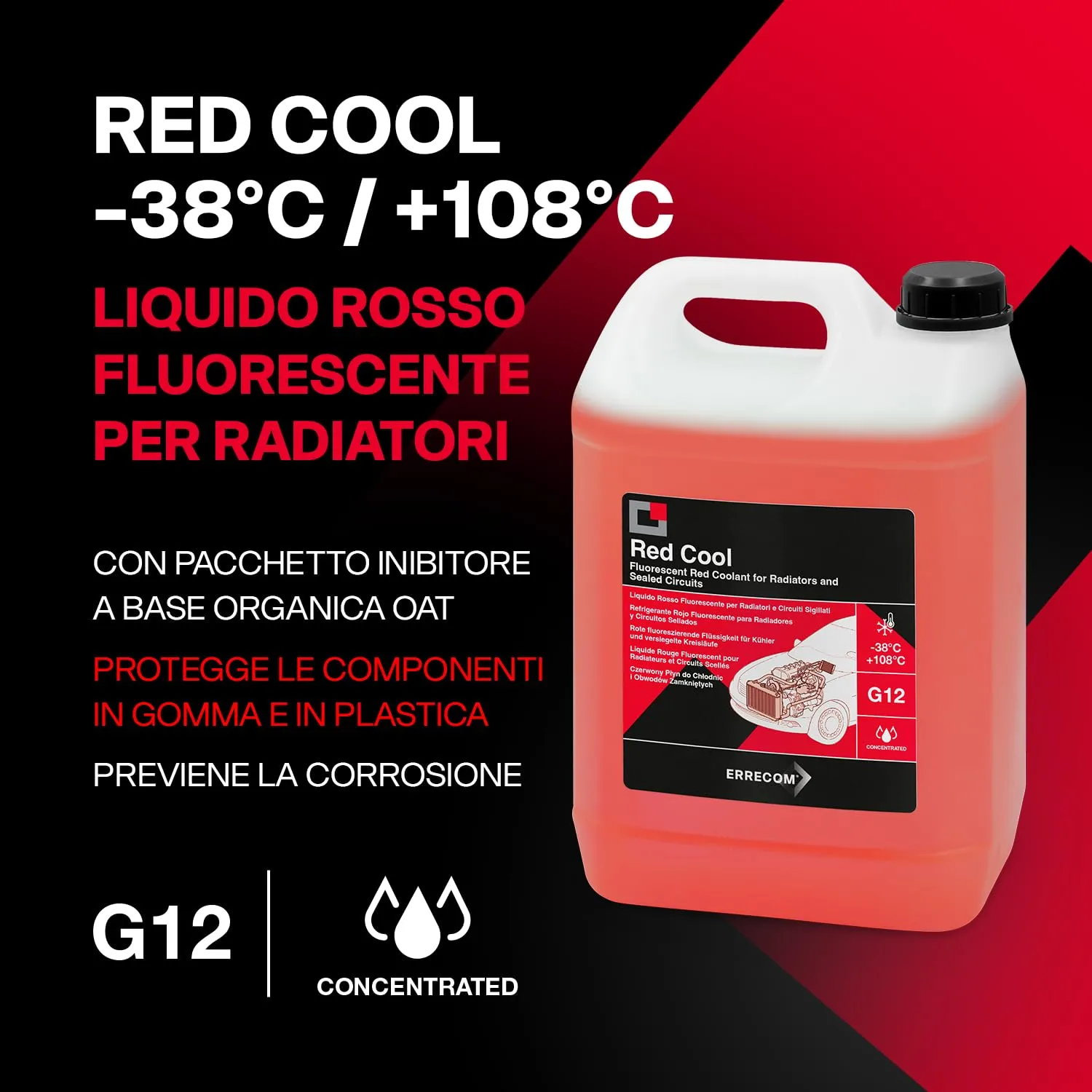 ERRECOM Red Cool Liquido Radiatore Rosso Fluorescente Concentrato G12 OAT, 5 Litri - immagine 2