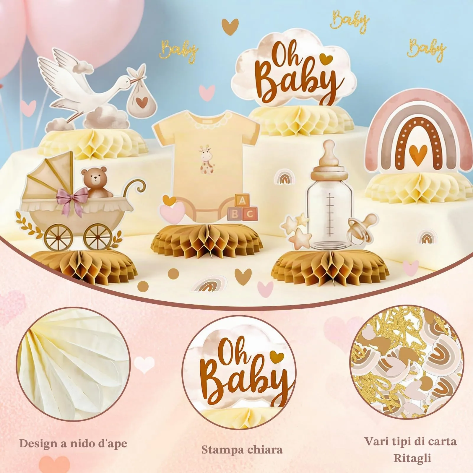 TaimeiMao Decorazioni Centrotavola a Nido d'Ape per Baby Shower e Battesimo, 6 Pezzi con Coriandoli - immagine 4