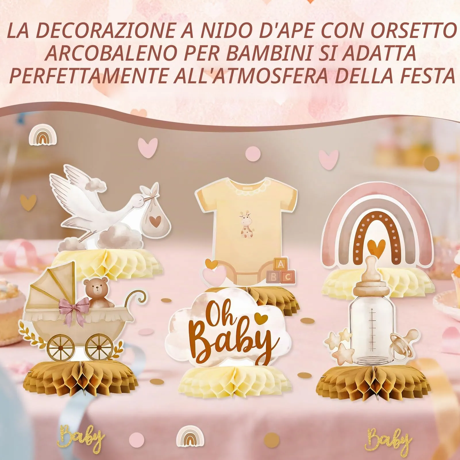 TaimeiMao Decorazioni Centrotavola a Nido d'Ape per Baby Shower e Battesimo, 6 Pezzi con Coriandoli - immagine 6