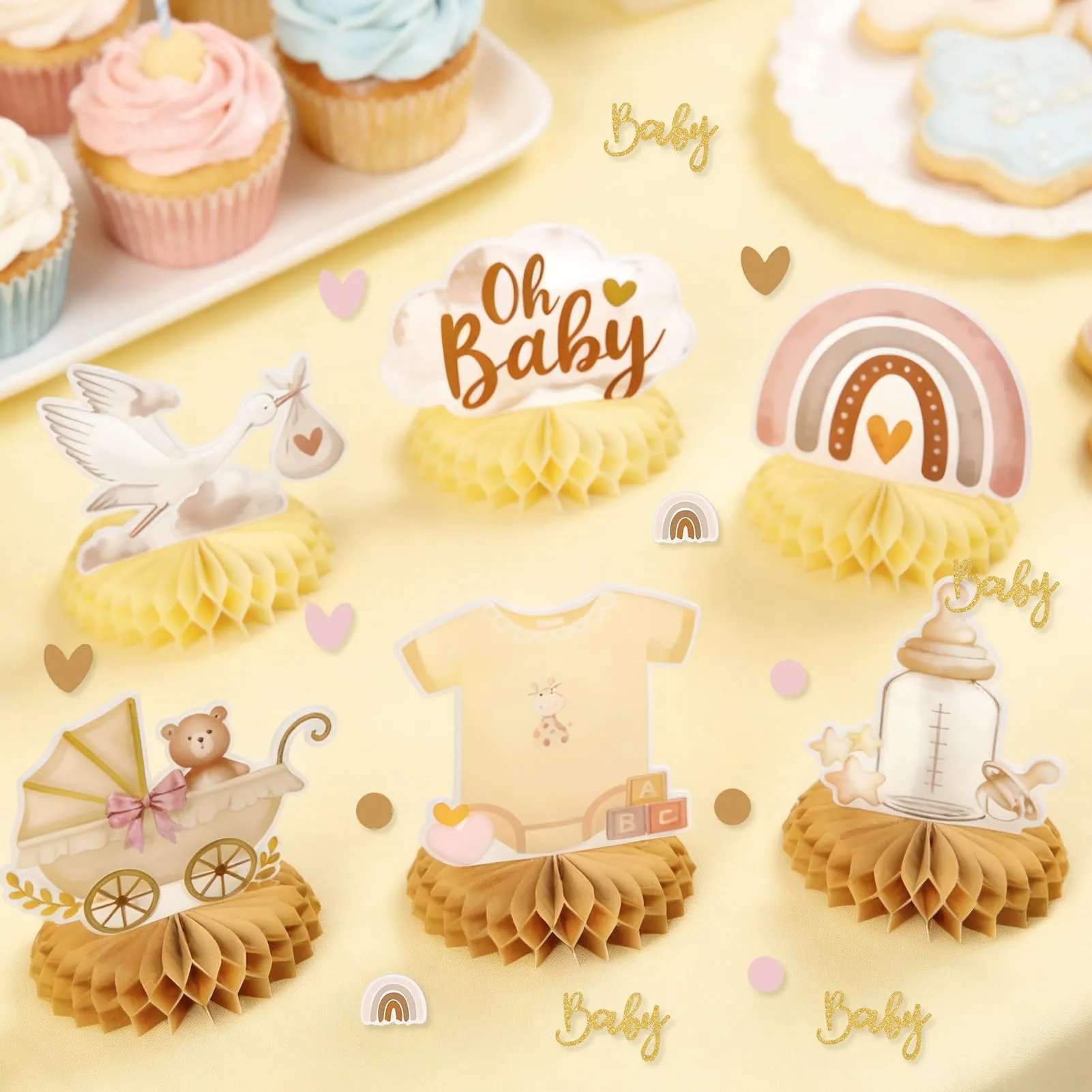 TaimeiMao Decorazioni Centrotavola a Nido d'Ape per Baby Shower e Battesimo, 6 Pezzi con Coriandoli - immagine 7