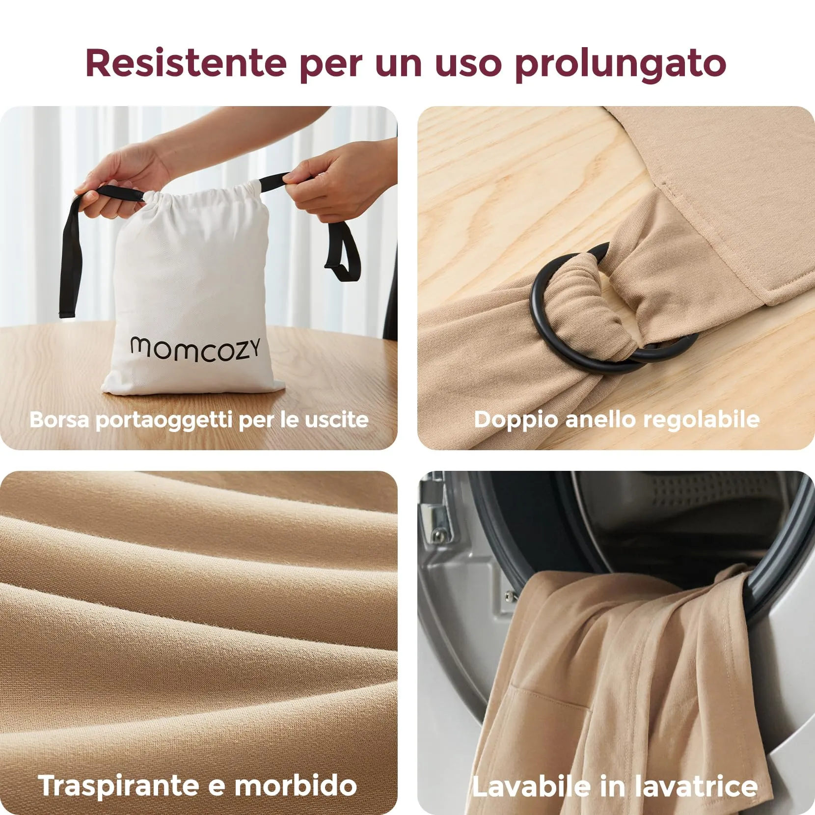 Momcozy Fascia Porta Bebè Regolabile 3,6-15 kg, Marrone Chiaro - immagine 7