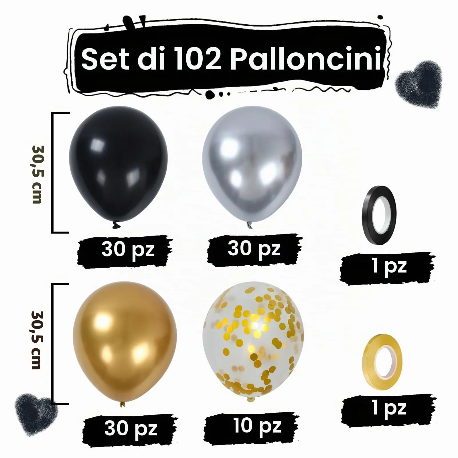 balloon garland Set di 100 Palloncini Neri Argento Oro, 12 Pollici - immagine 3