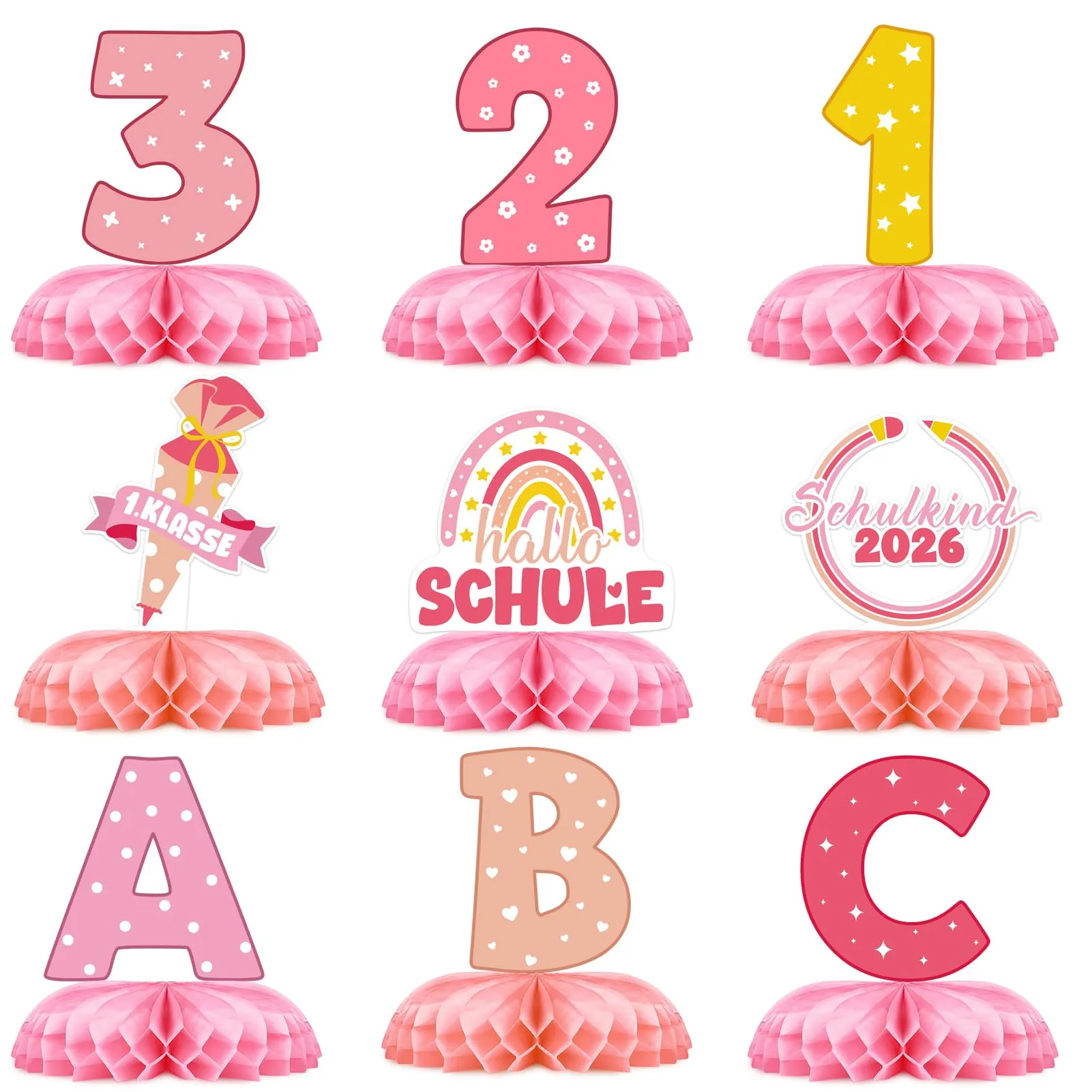 TaimeiMao Decorazioni a Nido d'Ape per Primo Giorno di Scuola, 9 Pezzi, 123 ABC, Rosa - immagine 1
