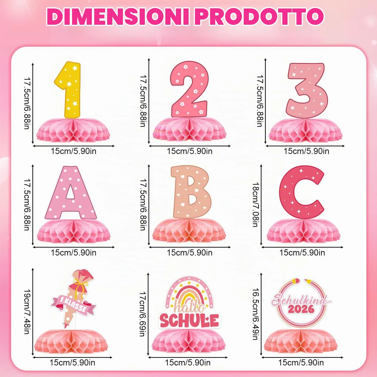 TaimeiMao Decorazioni a Nido d'Ape per Primo Giorno di Scuola, 9 Pezzi, 123 ABC, Rosa - immagine 2