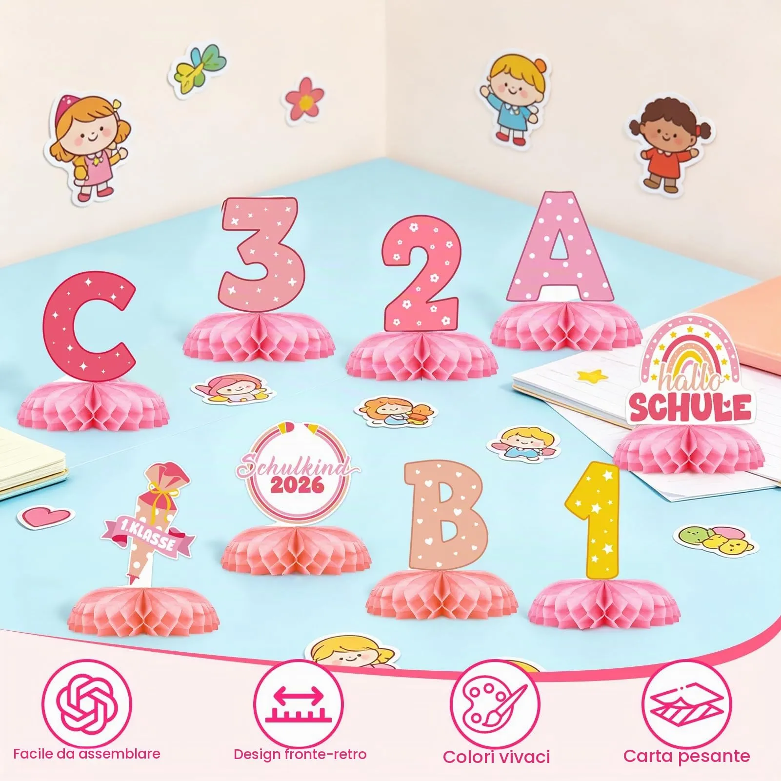 TaimeiMao Decorazioni a Nido d'Ape per Primo Giorno di Scuola, 9 Pezzi, 123 ABC, Rosa - immagine 4