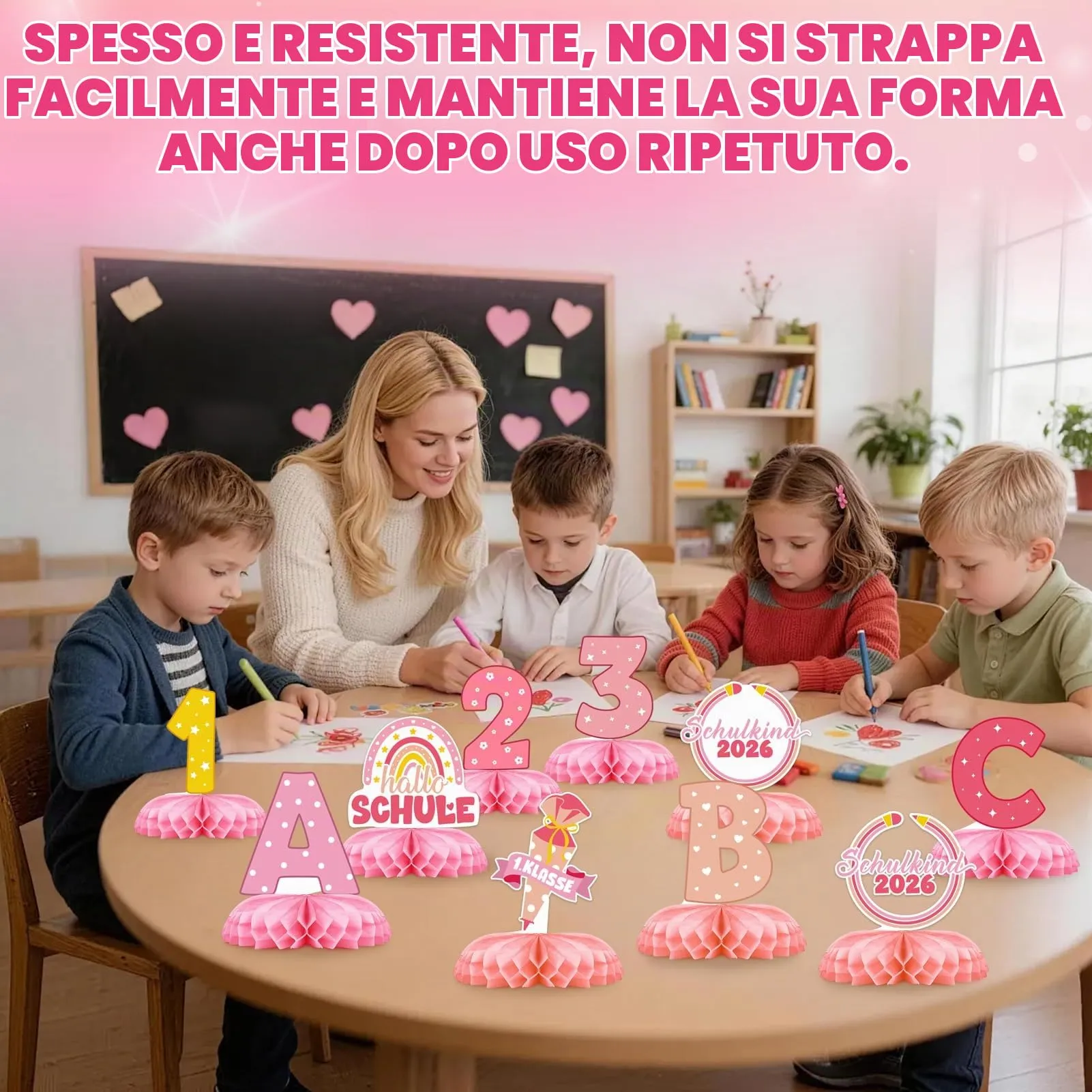 TaimeiMao Decorazioni a Nido d'Ape per Primo Giorno di Scuola, 9 Pezzi, 123 ABC, Rosa - immagine 6